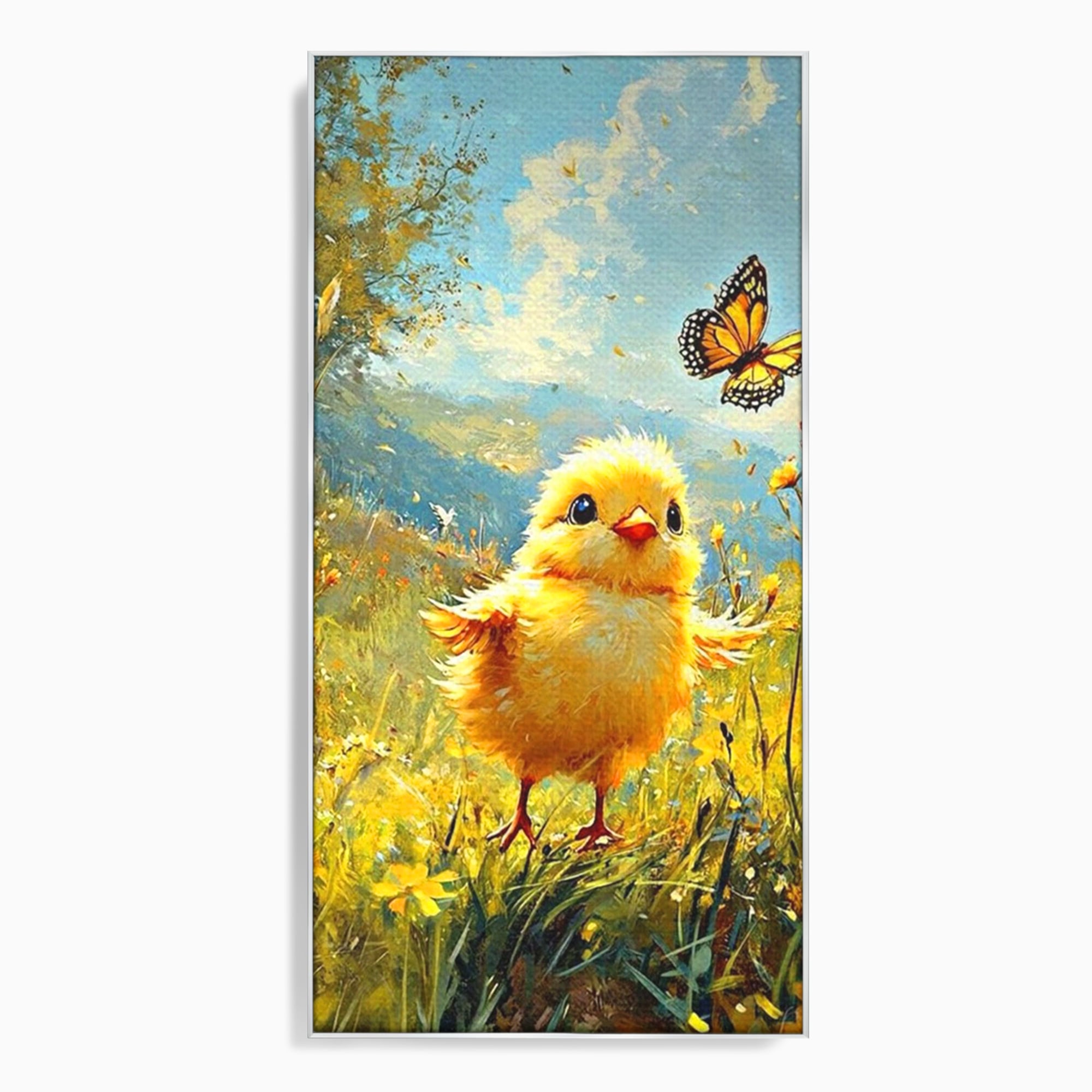 Leinwand Wandkunst Canvas Wandkunst Premium, LuxCanva® K1070, Feld der kleinen Wunder, Huhn, Schmetterling, Landschaft, Vogel, Blumen, Licht, Freude, Unschuld, Babyzimmer, Schlafzimmer