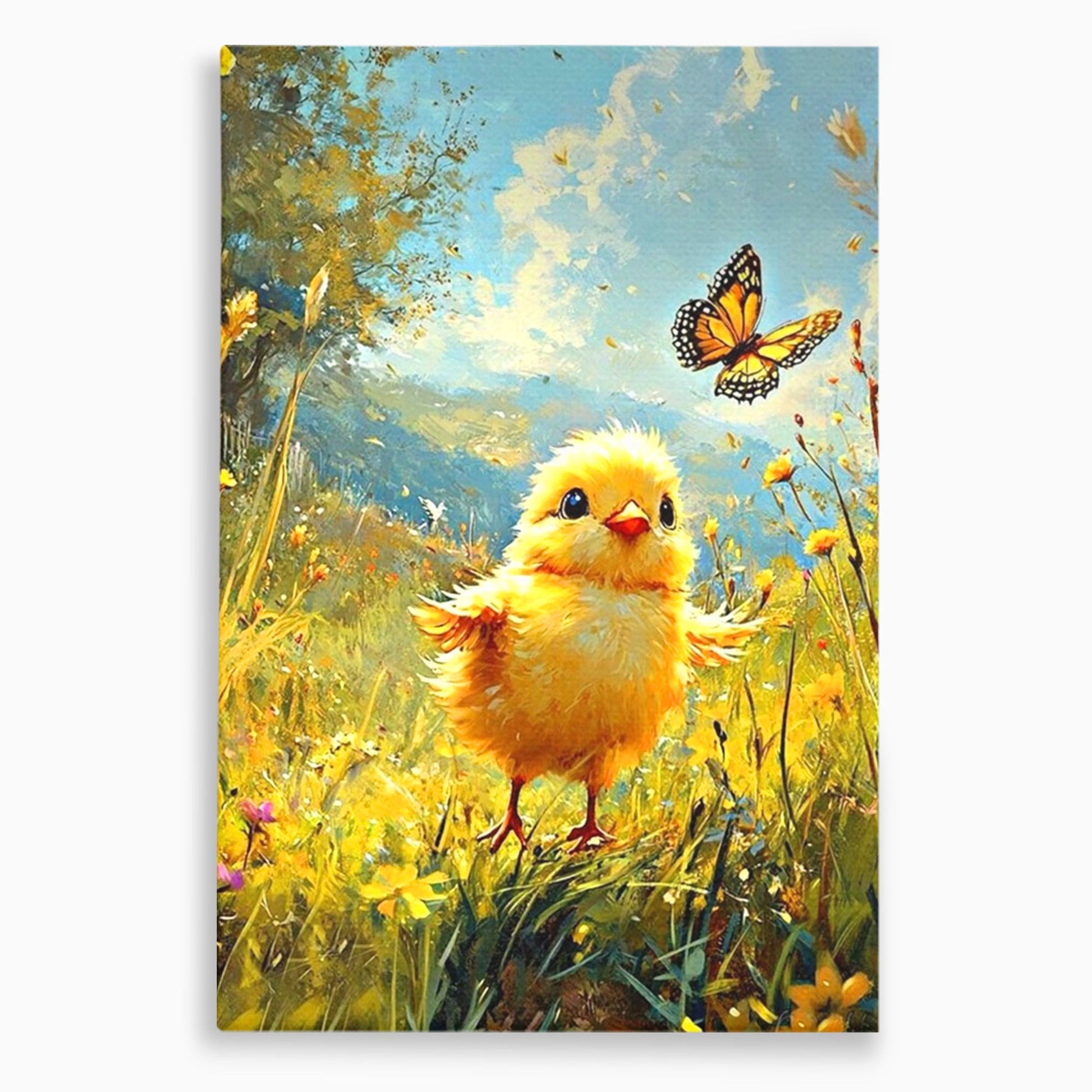 Leinwand Wandkunst Canvas Wandkunst Premium, LuxCanva® K1070, Feld der kleinen Wunder, Huhn, Schmetterling, Landschaft, Vogel, Blumen, Licht, Freude, Unschuld, Babyzimmer, Schlafzimmer