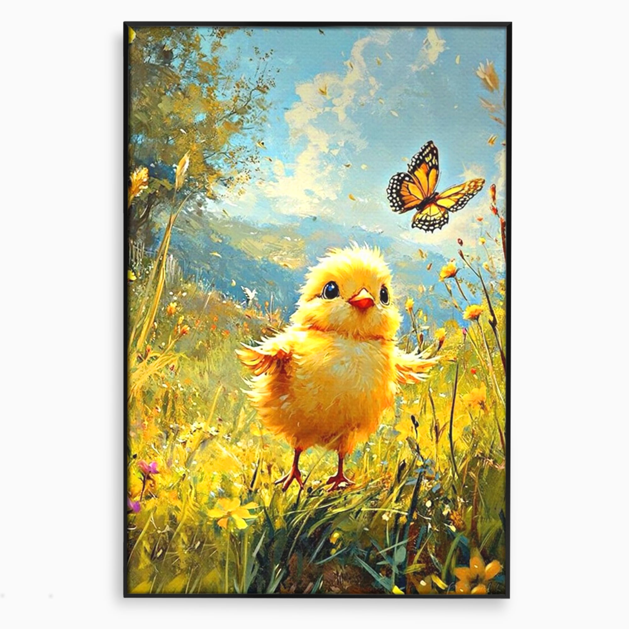 Leinwand Wandkunst Canvas Wandkunst Premium, LuxCanva® K1070, Feld der kleinen Wunder, Huhn, Schmetterling, Landschaft, Vogel, Blumen, Licht, Freude, Unschuld, Babyzimmer, Schlafzimmer