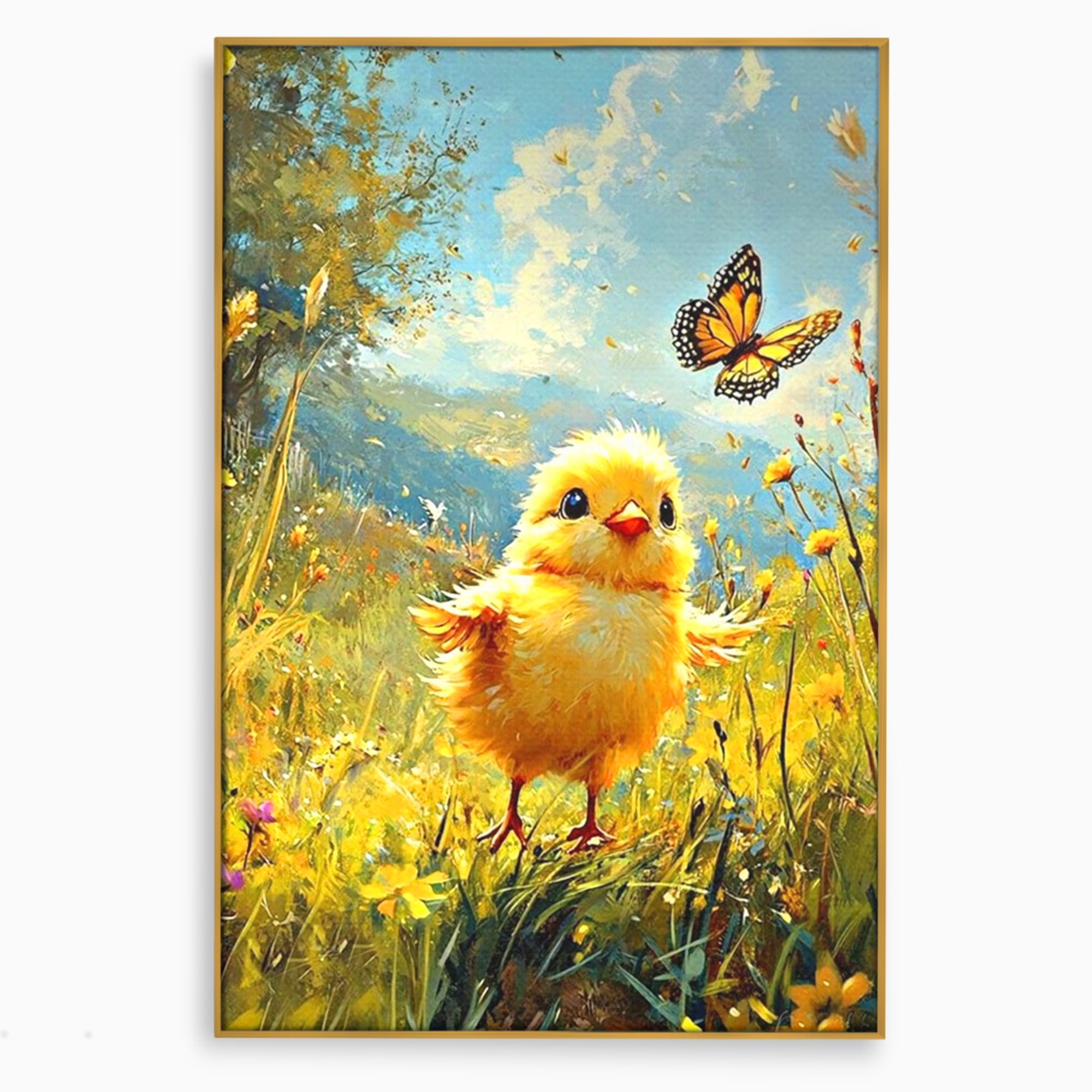 Leinwand Wandkunst Canvas Wandkunst Premium, LuxCanva® K1070, Feld der kleinen Wunder, Huhn, Schmetterling, Landschaft, Vogel, Blumen, Licht, Freude, Unschuld, Babyzimmer, Schlafzimmer