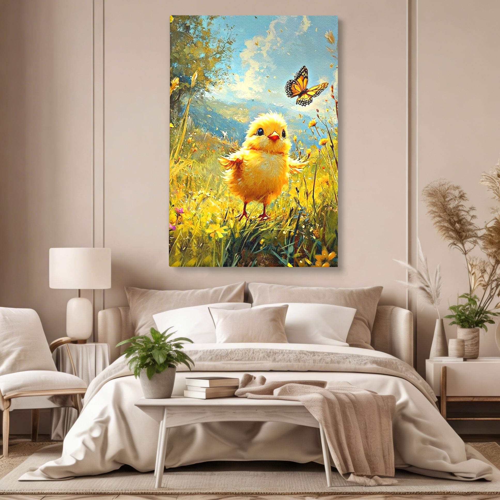 Leinwand Wandkunst Canvas Wandkunst Premium, LuxCanva® K1070, Feld der kleinen Wunder, Huhn, Schmetterling, Landschaft, Vogel, Blumen, Licht, Freude, Unschuld, Babyzimmer, Schlafzimmer