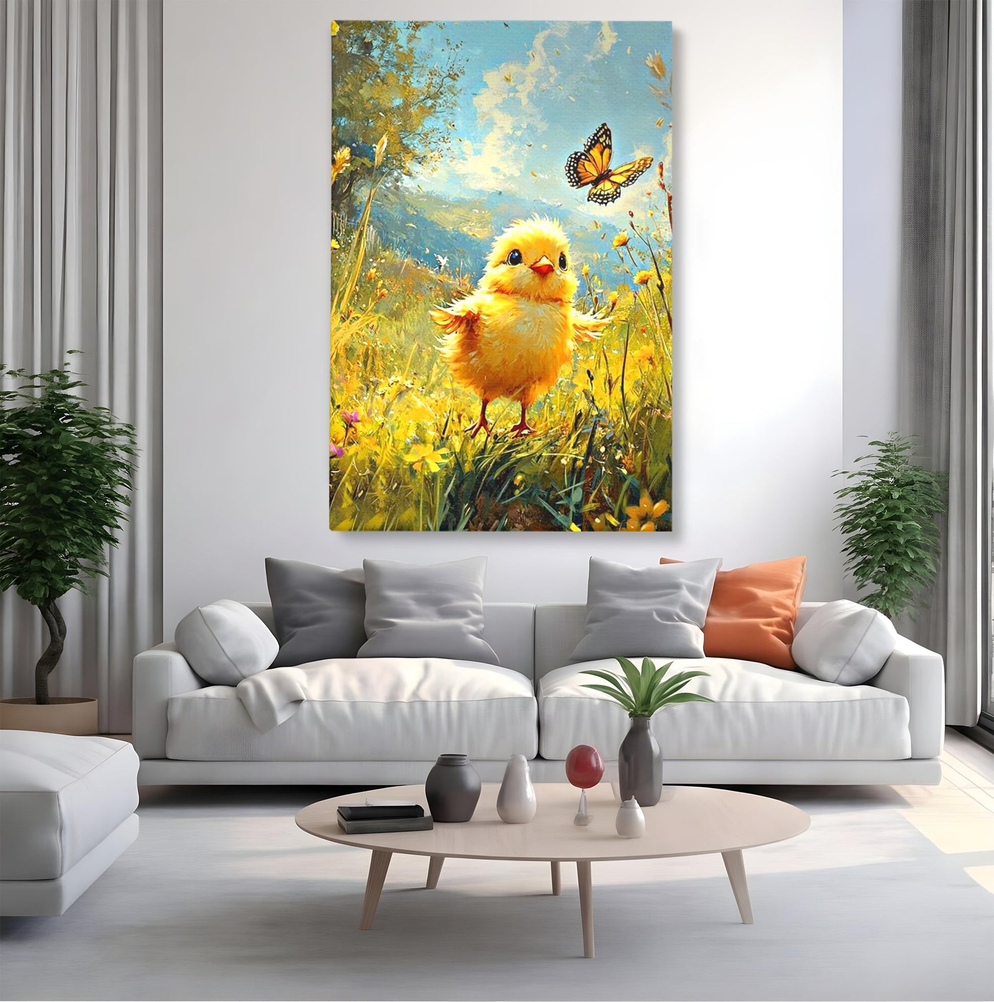 Leinwand Wandkunst Canvas Wandkunst Premium, LuxCanva® K1070, Feld der kleinen Wunder, Huhn, Schmetterling, Landschaft, Vogel, Blumen, Licht, Freude, Unschuld, Babyzimmer, Schlafzimmer