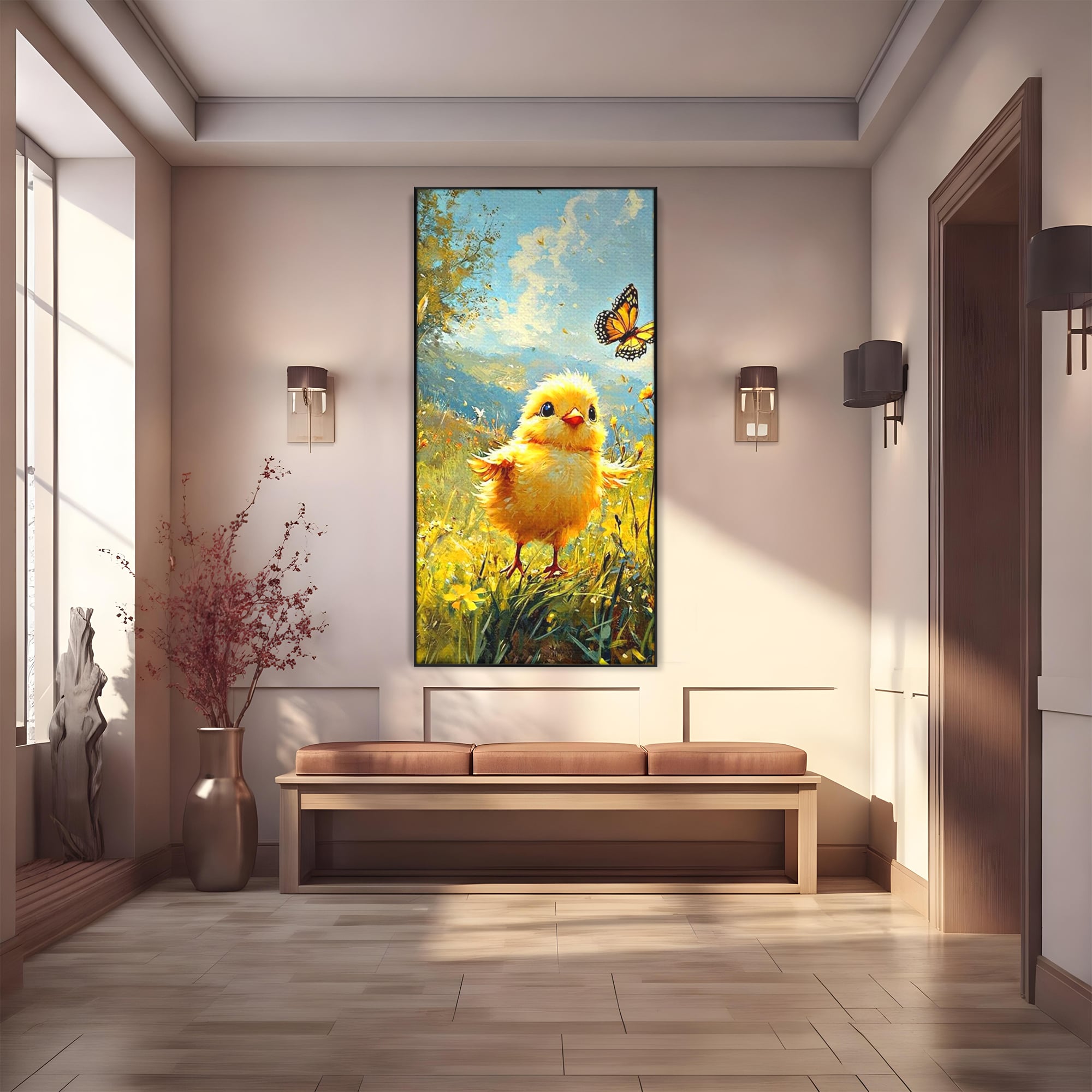Leinwand Wandkunst Canvas Wandkunst Premium, LuxCanva® K1070, Feld der kleinen Wunder, Huhn, Schmetterling, Landschaft, Vogel, Blumen, Licht, Freude, Unschuld, Babyzimmer, Schlafzimmer