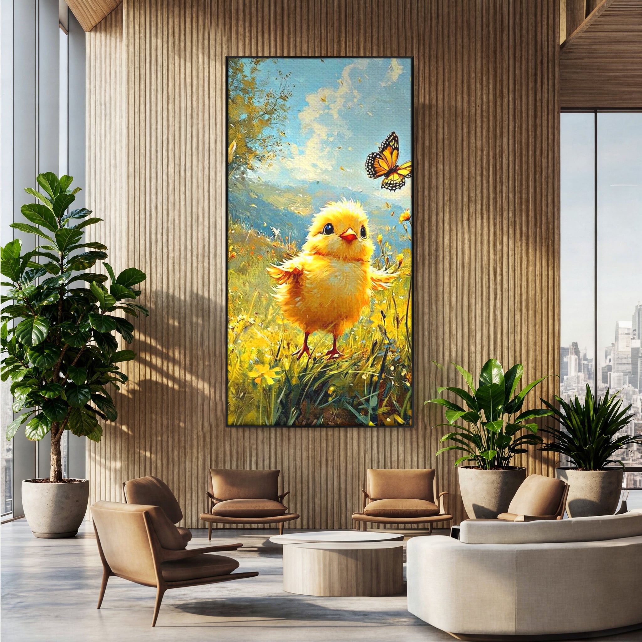 Leinwand Wandkunst Canvas Wandkunst Premium, LuxCanva® K1070, Feld der kleinen Wunder, Huhn, Schmetterling, Landschaft, Vogel, Blumen, Licht, Freude, Unschuld, Babyzimmer, Schlafzimmer