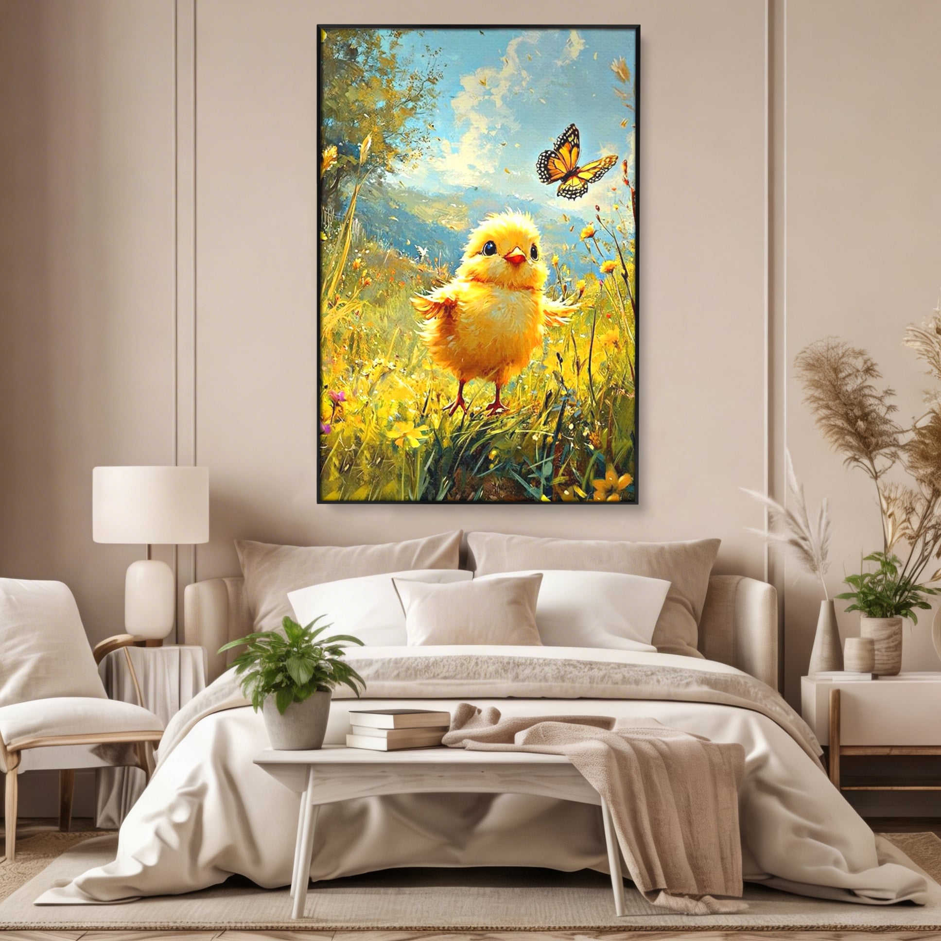 Leinwand Wandkunst Canvas Wandkunst Premium, LuxCanva® K1070, Feld der kleinen Wunder, Huhn, Schmetterling, Landschaft, Vogel, Blumen, Licht, Freude, Unschuld, Babyzimmer, Schlafzimmer