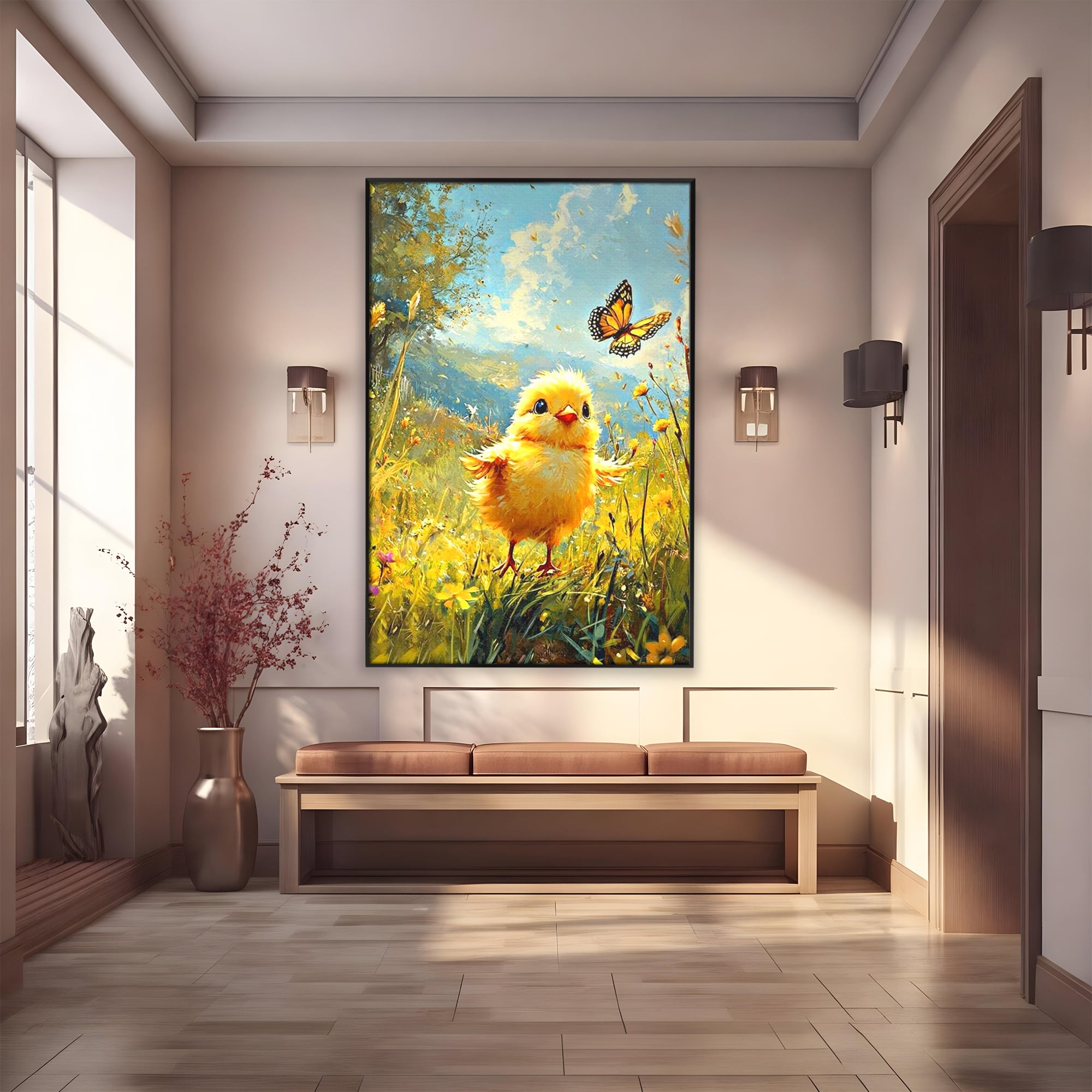 Leinwand Wandkunst Canvas Wandkunst Premium, LuxCanva® K1070, Feld der kleinen Wunder, Huhn, Schmetterling, Landschaft, Vogel, Blumen, Licht, Freude, Unschuld, Babyzimmer, Schlafzimmer