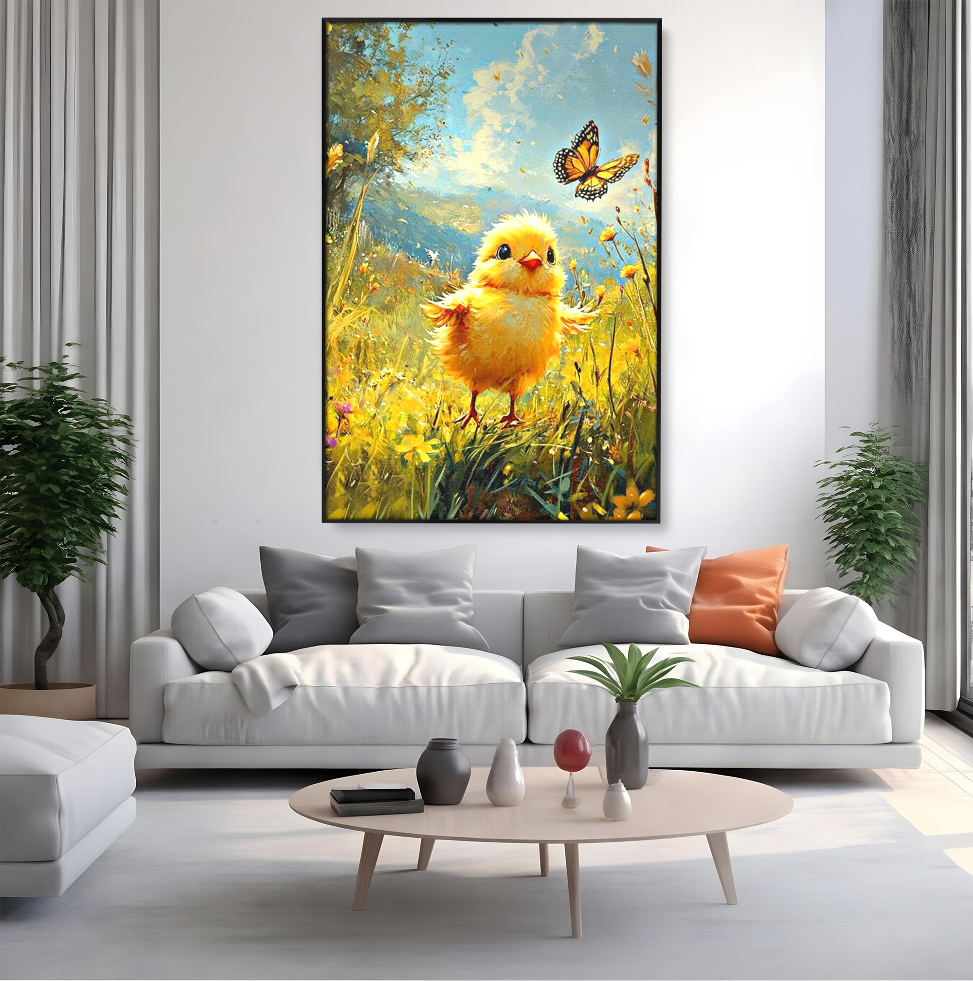 Leinwand Wandkunst Canvas Wandkunst Premium, LuxCanva® K1070, Feld der kleinen Wunder, Huhn, Schmetterling, Landschaft, Vogel, Blumen, Licht, Freude, Unschuld, Babyzimmer, Schlafzimmer
