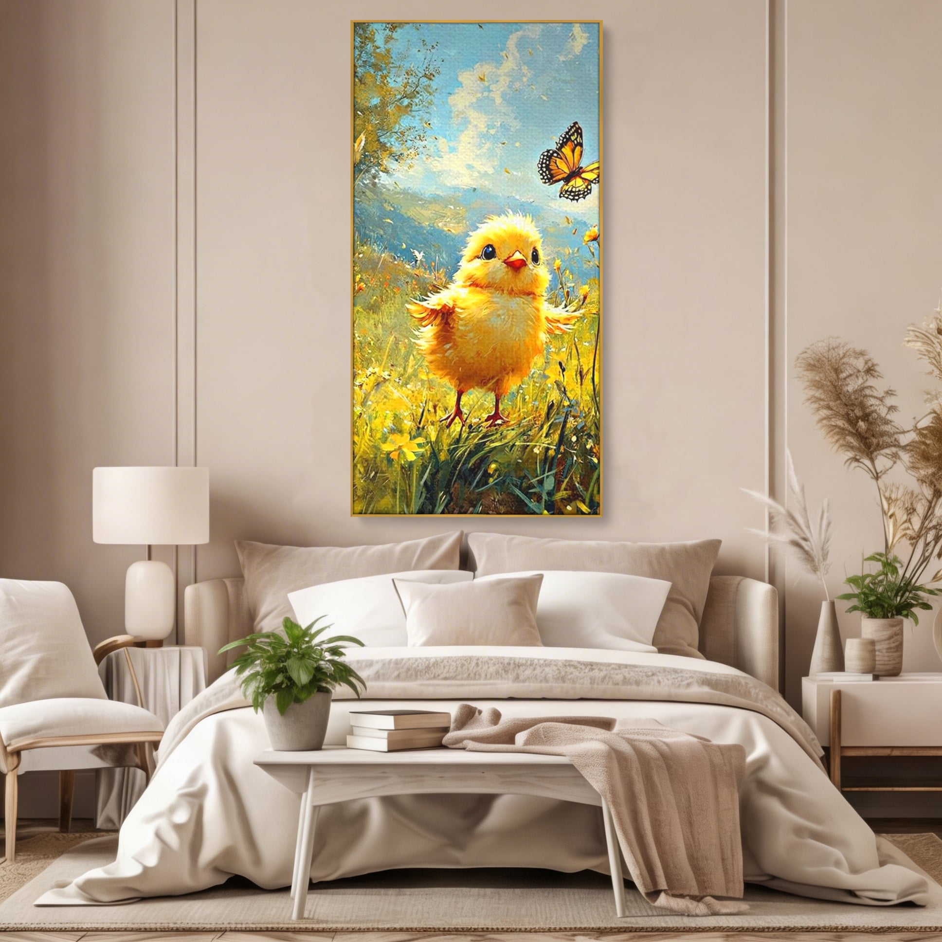 Leinwand Wandkunst Canvas Wandkunst Premium, LuxCanva® K1070, Feld der kleinen Wunder, Huhn, Schmetterling, Landschaft, Vogel, Blumen, Licht, Freude, Unschuld, Babyzimmer, Schlafzimmer
