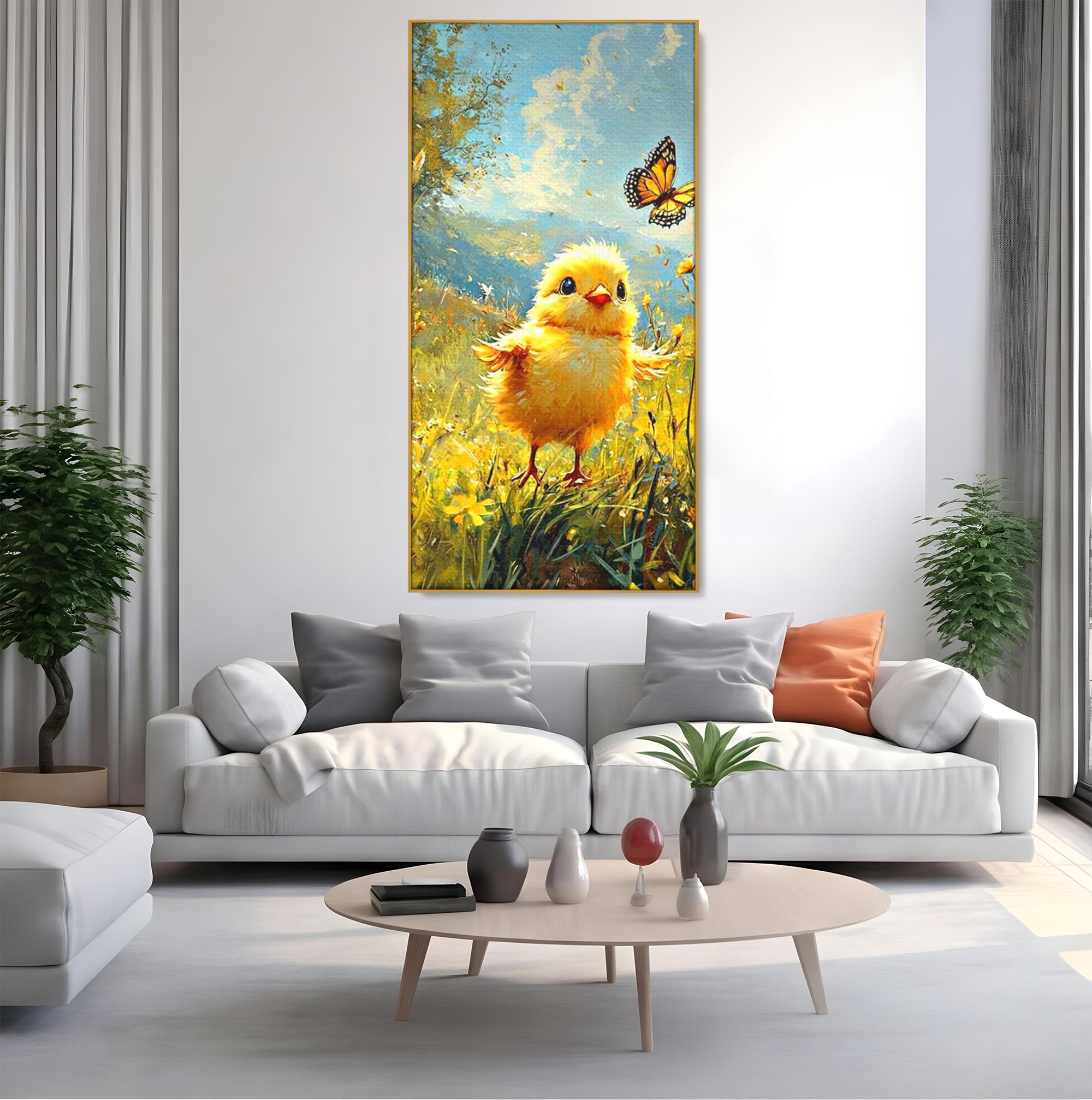 Leinwand Wandkunst Canvas Wandkunst Premium, LuxCanva® K1070, Feld der kleinen Wunder, Huhn, Schmetterling, Landschaft, Vogel, Blumen, Licht, Freude, Unschuld, Babyzimmer, Schlafzimmer