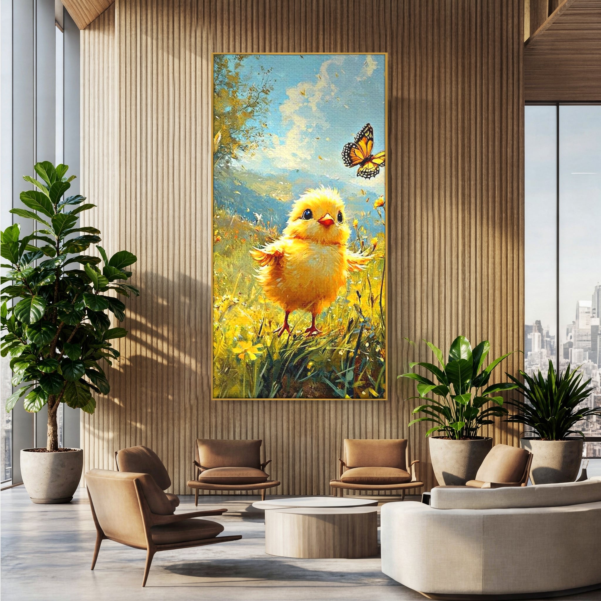 Leinwand Wandkunst Canvas Wandkunst Premium, LuxCanva® K1070, Feld der kleinen Wunder, Huhn, Schmetterling, Landschaft, Vogel, Blumen, Licht, Freude, Unschuld, Babyzimmer, Schlafzimmer