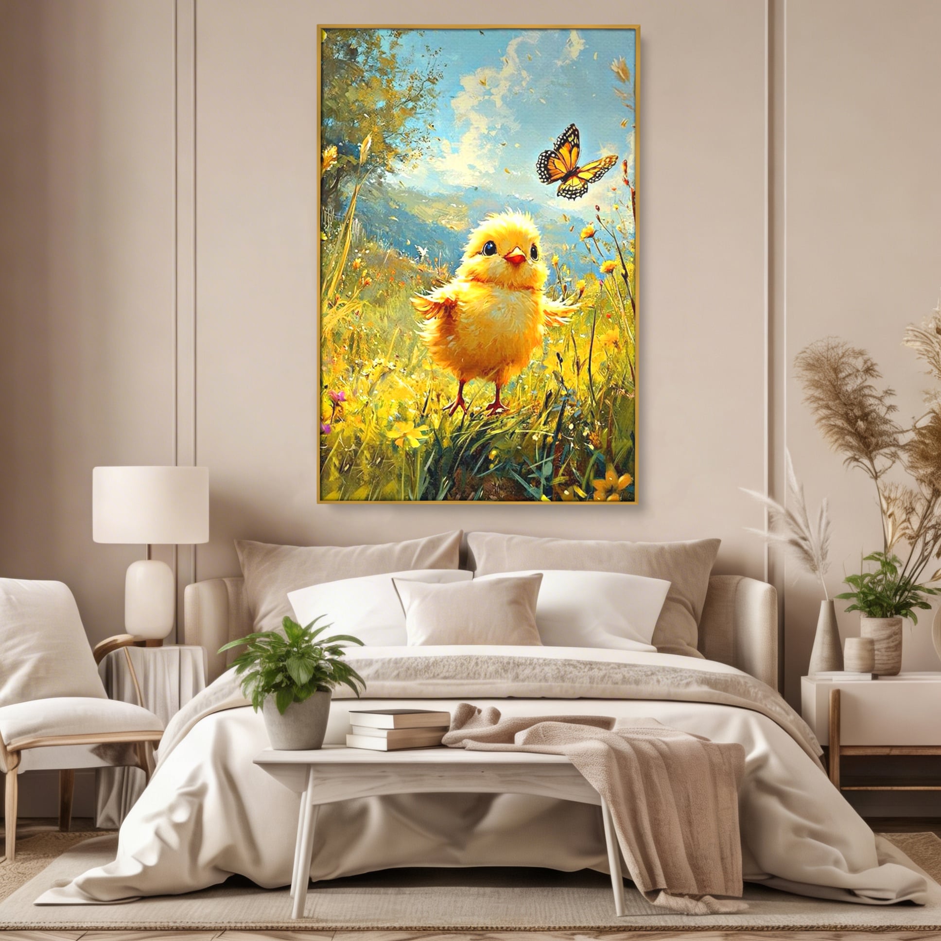 Leinwand Wandkunst Canvas Wandkunst Premium, LuxCanva® K1070, Feld der kleinen Wunder, Huhn, Schmetterling, Landschaft, Vogel, Blumen, Licht, Freude, Unschuld, Babyzimmer, Schlafzimmer