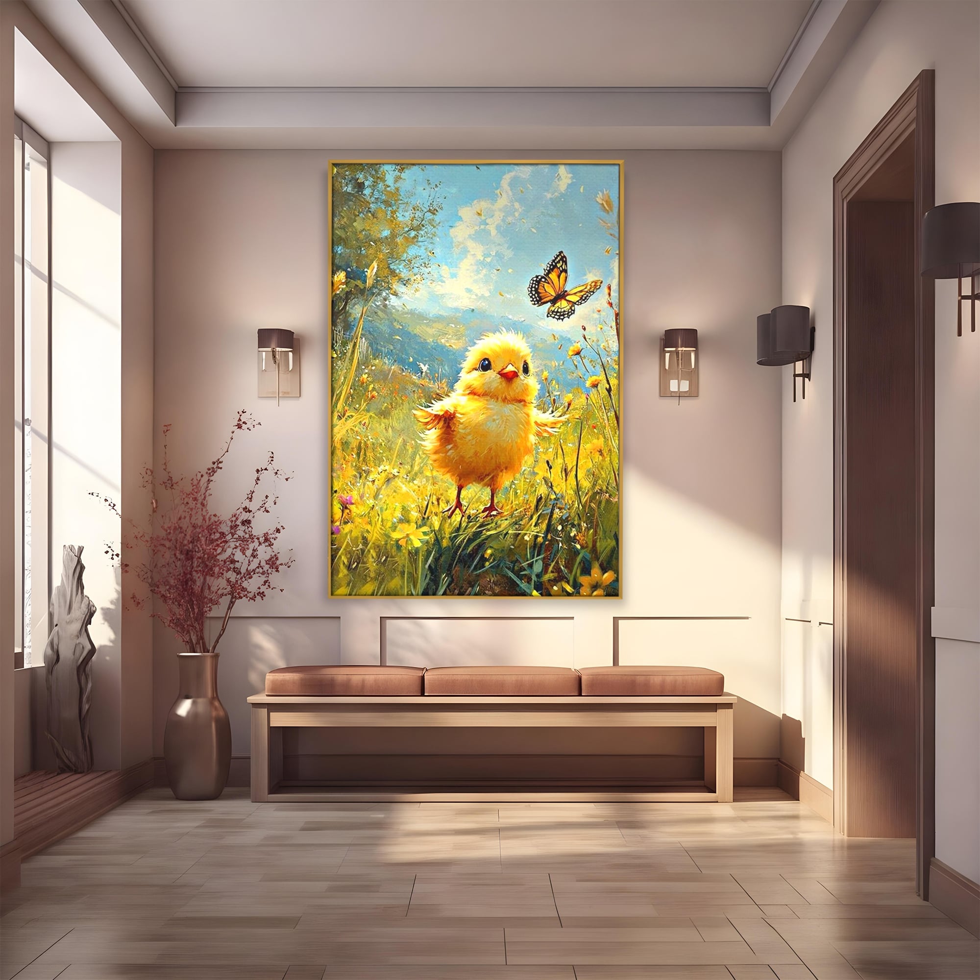 Leinwand Wandkunst Canvas Wandkunst Premium, LuxCanva® K1070, Feld der kleinen Wunder, Huhn, Schmetterling, Landschaft, Vogel, Blumen, Licht, Freude, Unschuld, Babyzimmer, Schlafzimmer