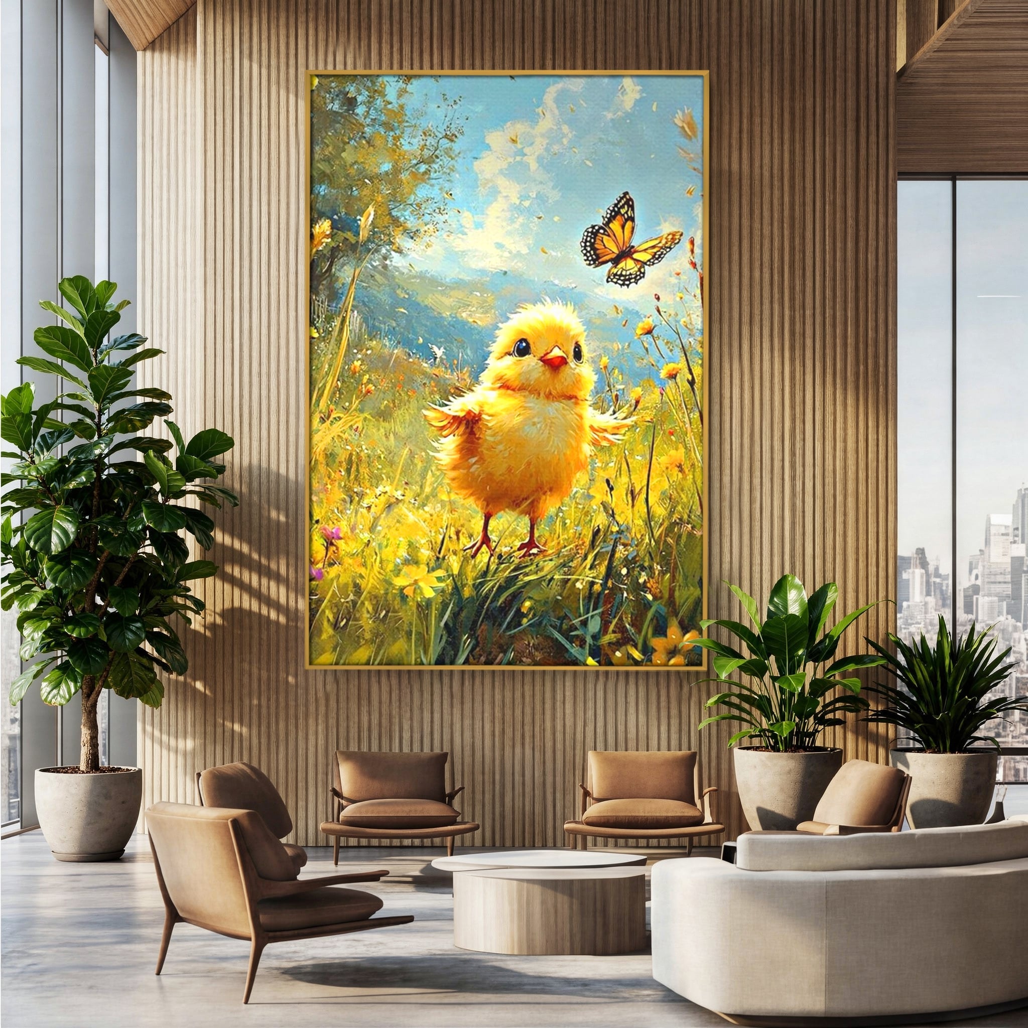 Leinwand Wandkunst Canvas Wandkunst Premium, LuxCanva® K1070, Feld der kleinen Wunder, Huhn, Schmetterling, Landschaft, Vogel, Blumen, Licht, Freude, Unschuld, Babyzimmer, Schlafzimmer