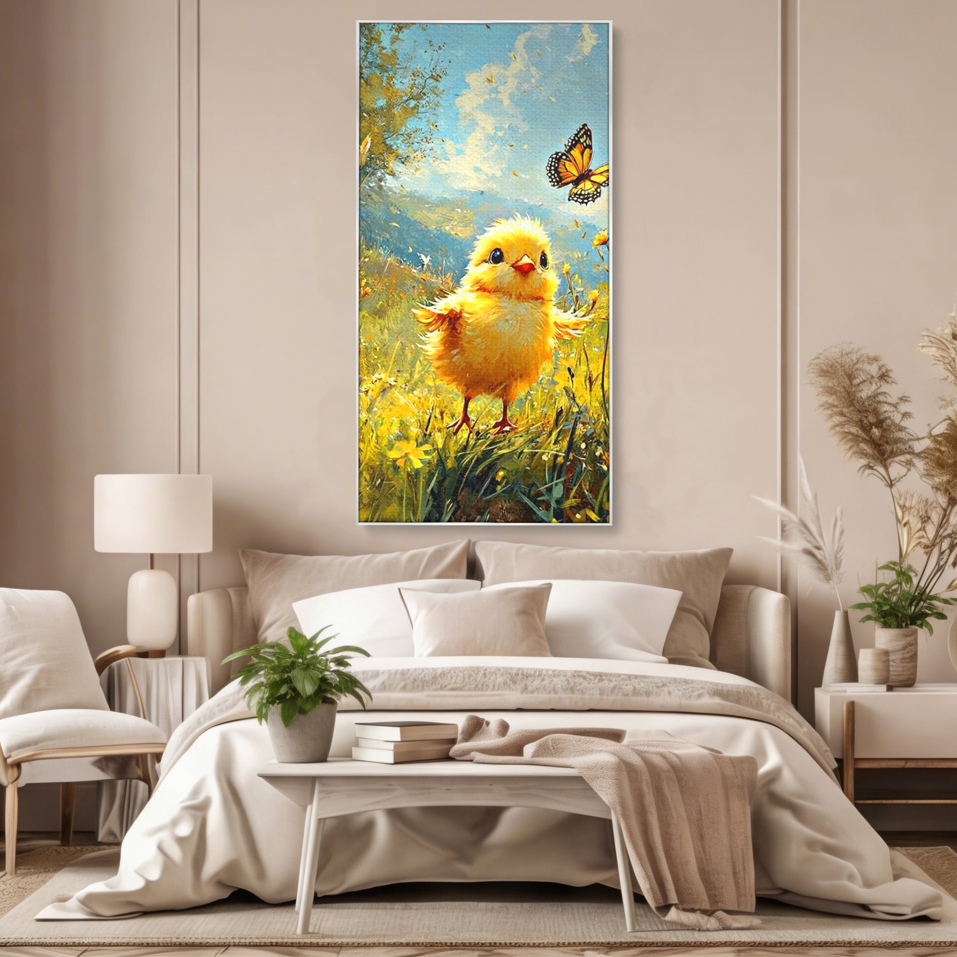 Leinwand Wandkunst Canvas Wandkunst Premium, LuxCanva® K1070, Feld der kleinen Wunder, Huhn, Schmetterling, Landschaft, Vogel, Blumen, Licht, Freude, Unschuld, Babyzimmer, Schlafzimmer