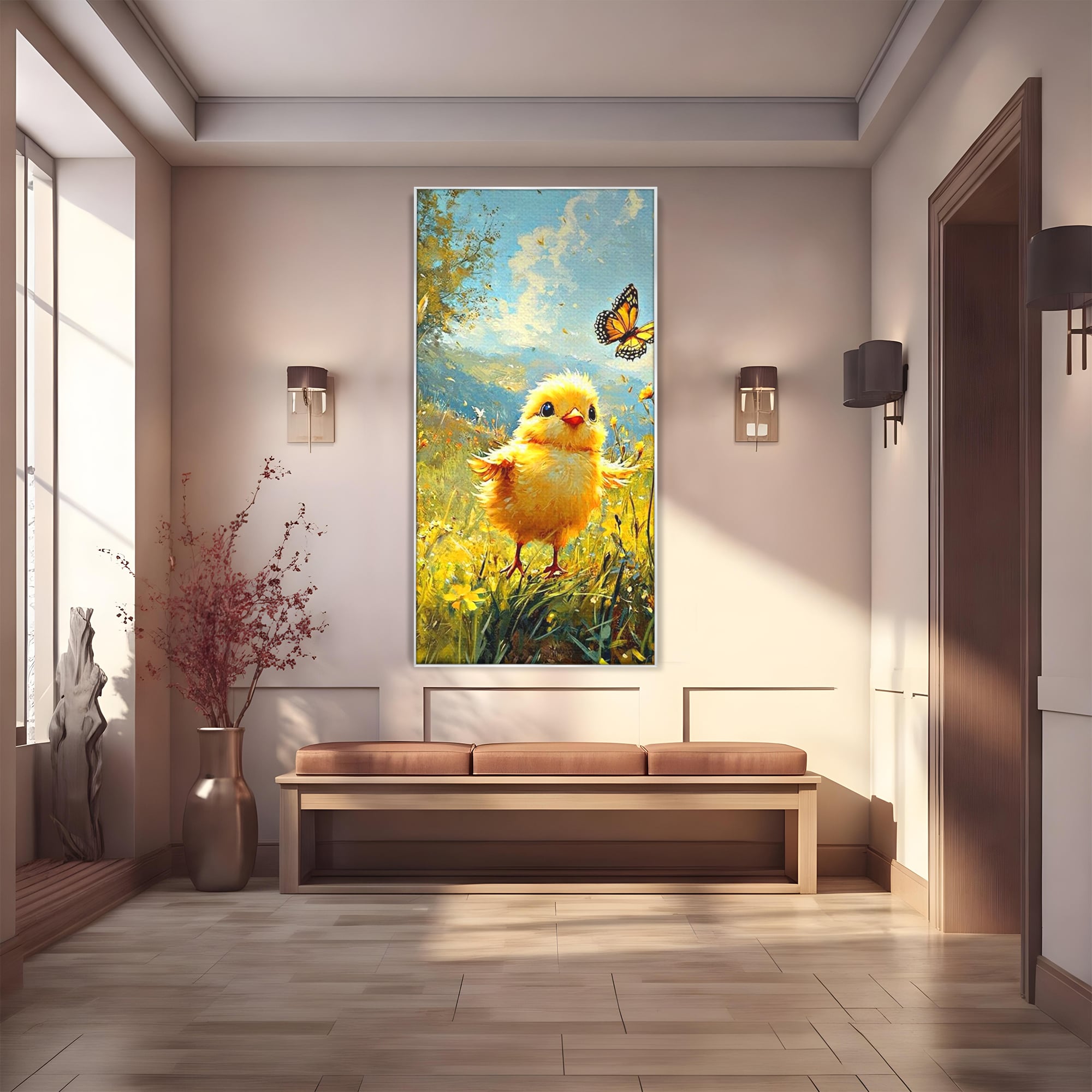 Leinwand Wandkunst Canvas Wandkunst Premium, LuxCanva® K1070, Feld der kleinen Wunder, Huhn, Schmetterling, Landschaft, Vogel, Blumen, Licht, Freude, Unschuld, Babyzimmer, Schlafzimmer