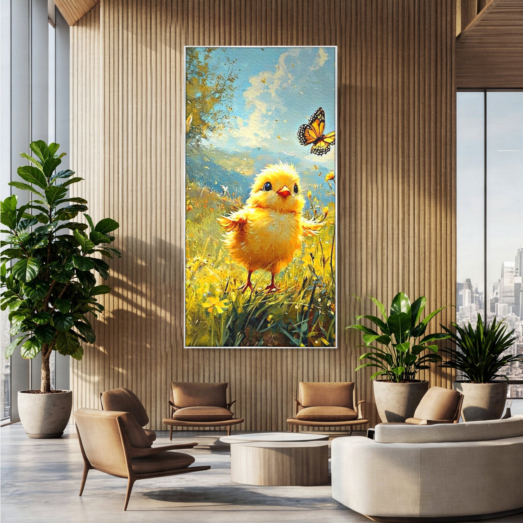 Leinwand Wandkunst Canvas Wandkunst Premium, LuxCanva® K1070, Feld der kleinen Wunder, Huhn, Schmetterling, Landschaft, Vogel, Blumen, Licht, Freude, Unschuld, Babyzimmer, Schlafzimmer