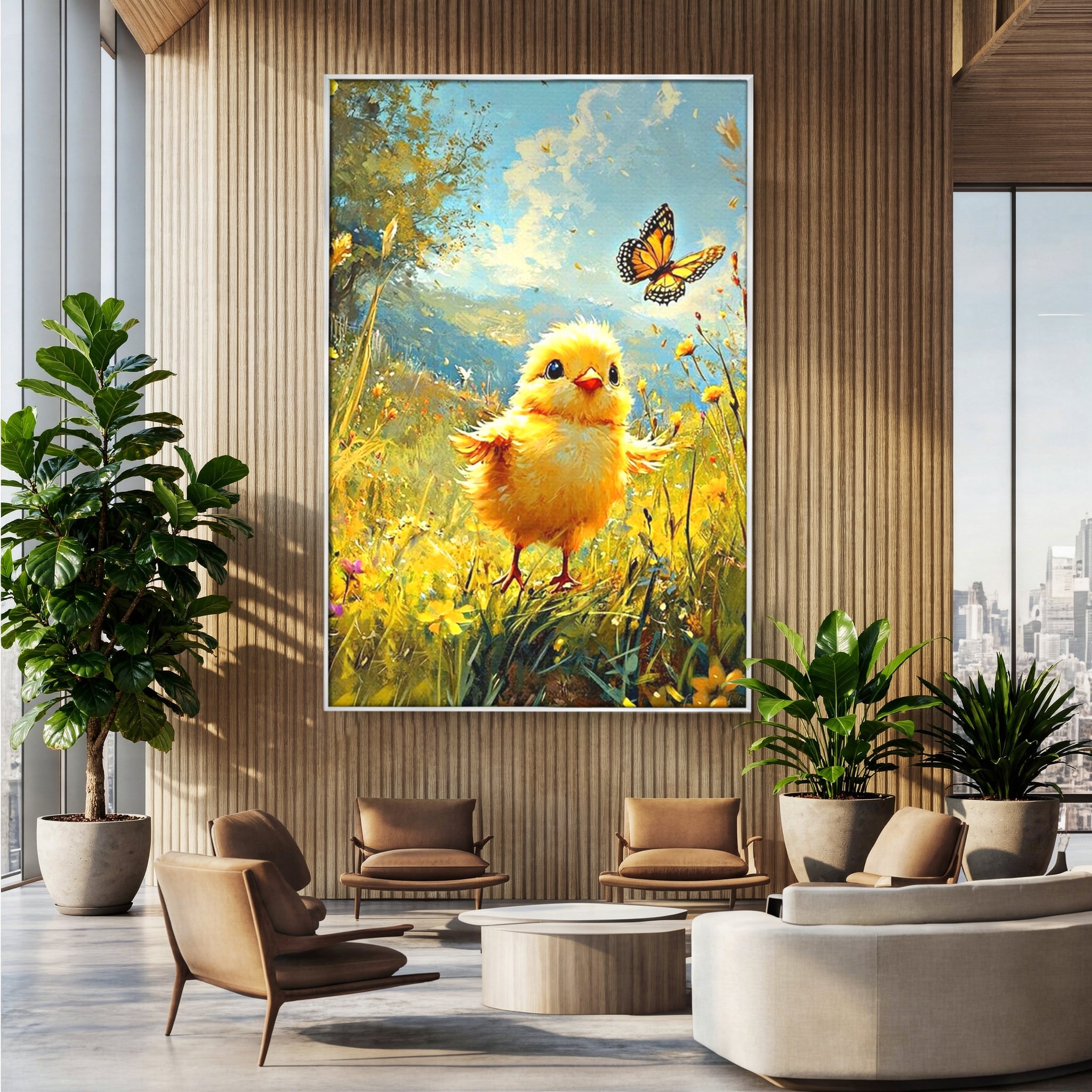 Leinwand Wandkunst Canvas Wandkunst Premium, LuxCanva® K1070, Feld der kleinen Wunder, Huhn, Schmetterling, Landschaft, Vogel, Blumen, Licht, Freude, Unschuld, Babyzimmer, Schlafzimmer