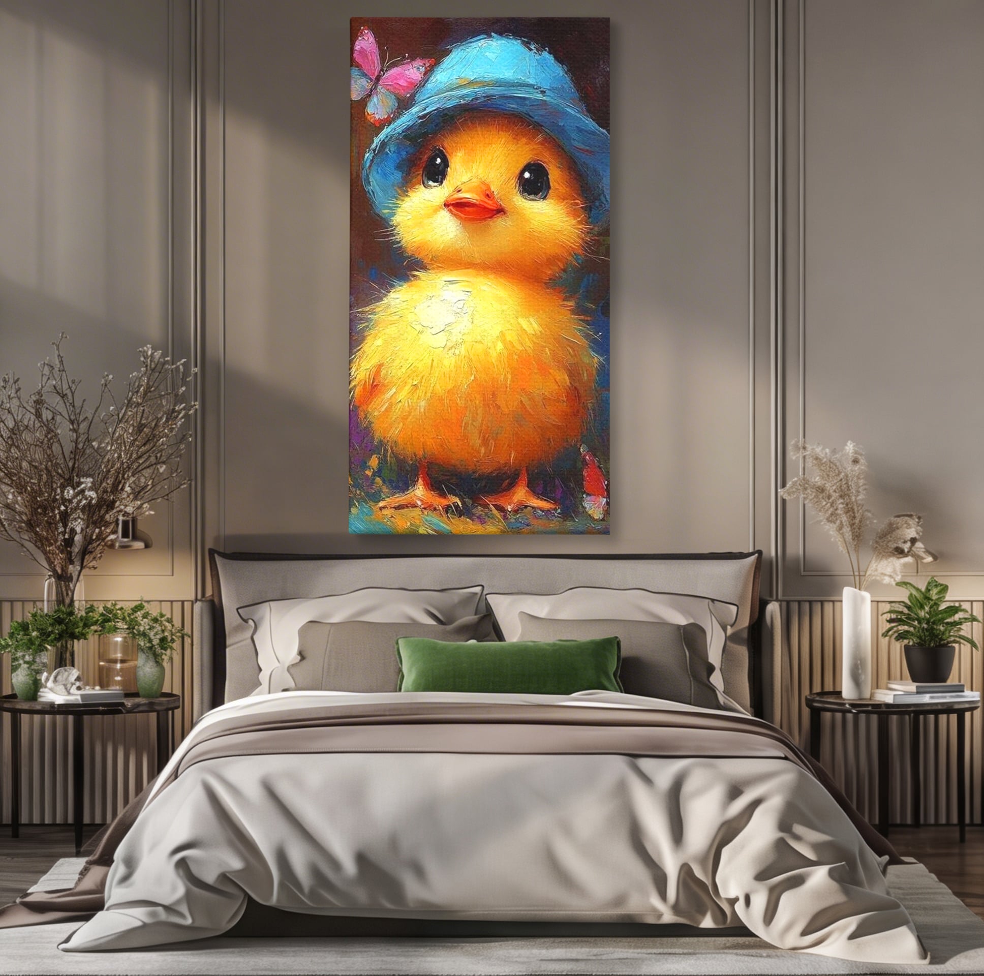 Tablou Canvas Premium, LuxCanva® K1071, Micuta Raza de Soare, Palarie, Pasare, Pui, Fluturi, Pufosenie, Adorabil, Portret, Pictura, Camera Copil, Dormitor