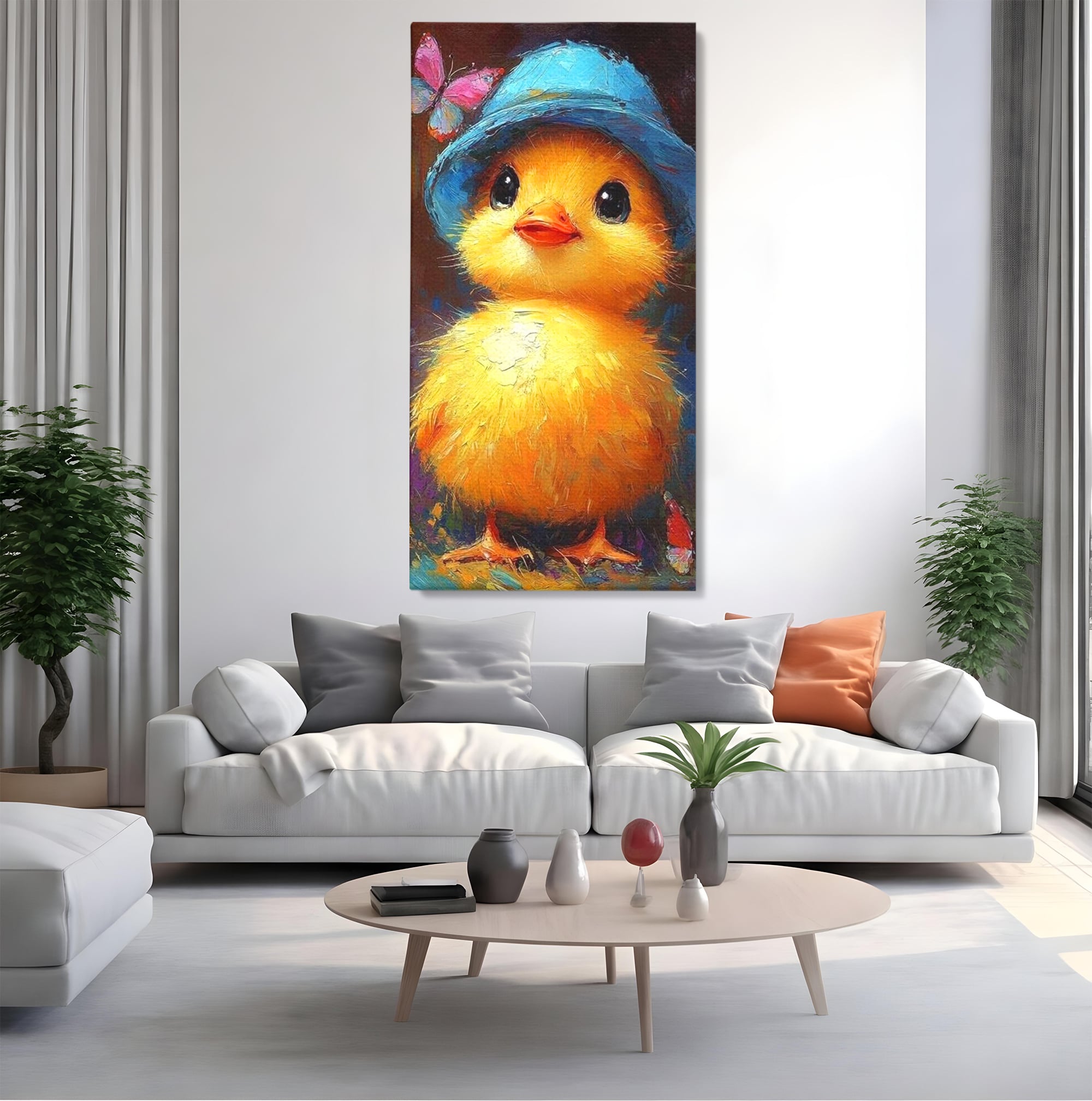 Tablou Canvas Premium, LuxCanva® K1071, Micuta Raza de Soare, Palarie, Pasare, Pui, Fluturi, Pufosenie, Adorabil, Portret, Pictura, Camera Copil, Dormitor