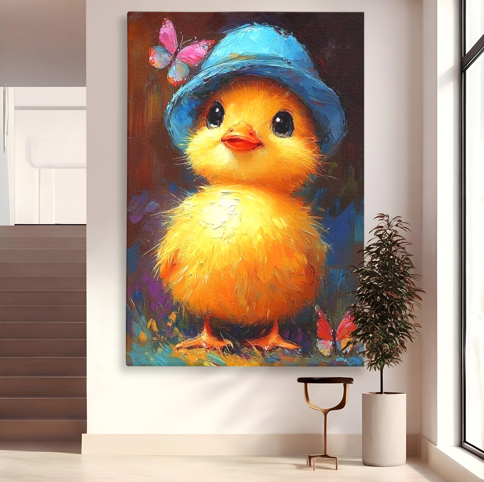 Tablou Canvas Premium, LuxCanva® K1071, Micuta Raza de Soare, Palarie, Pasare, Pui, Fluturi, Pufosenie, Adorabil, Portret, Pictura, Camera Copil, Dormitor