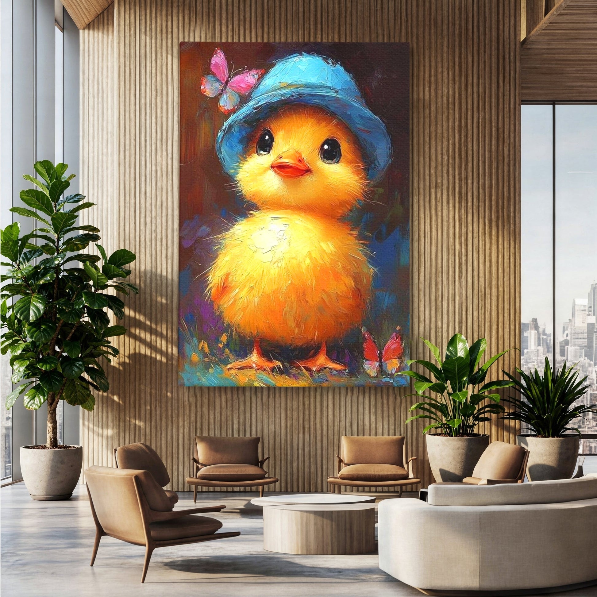Tablou Canvas Premium, LuxCanva® K1071, Micuta Raza de Soare, Palarie, Pasare, Pui, Fluturi, Pufosenie, Adorabil, Portret, Pictura, Camera Copil, Dormitor