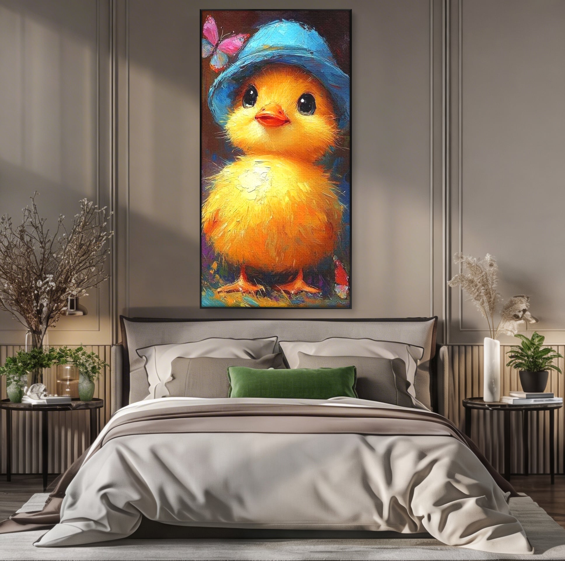 Tablou Canvas Premium, LuxCanva® K1071, Micuta Raza de Soare, Palarie, Pasare, Pui, Fluturi, Pufosenie, Adorabil, Portret, Pictura, Camera Copil, Dormitor