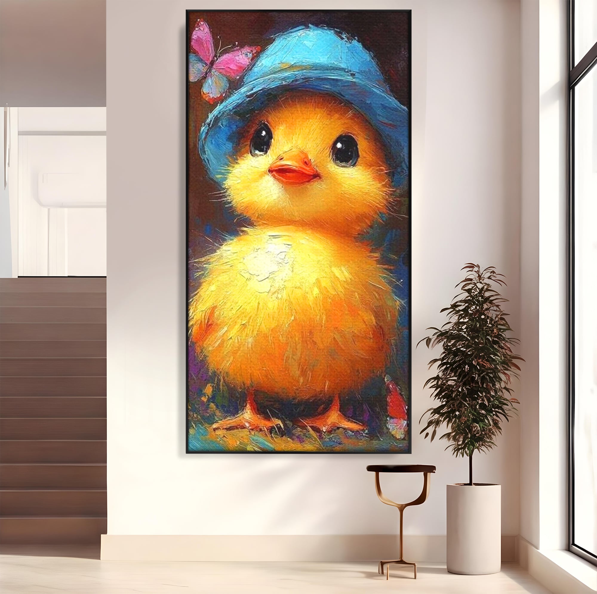 Tablou Canvas Premium, LuxCanva® K1071, Micuta Raza de Soare, Palarie, Pasare, Pui, Fluturi, Pufosenie, Adorabil, Portret, Pictura, Camera Copil, Dormitor