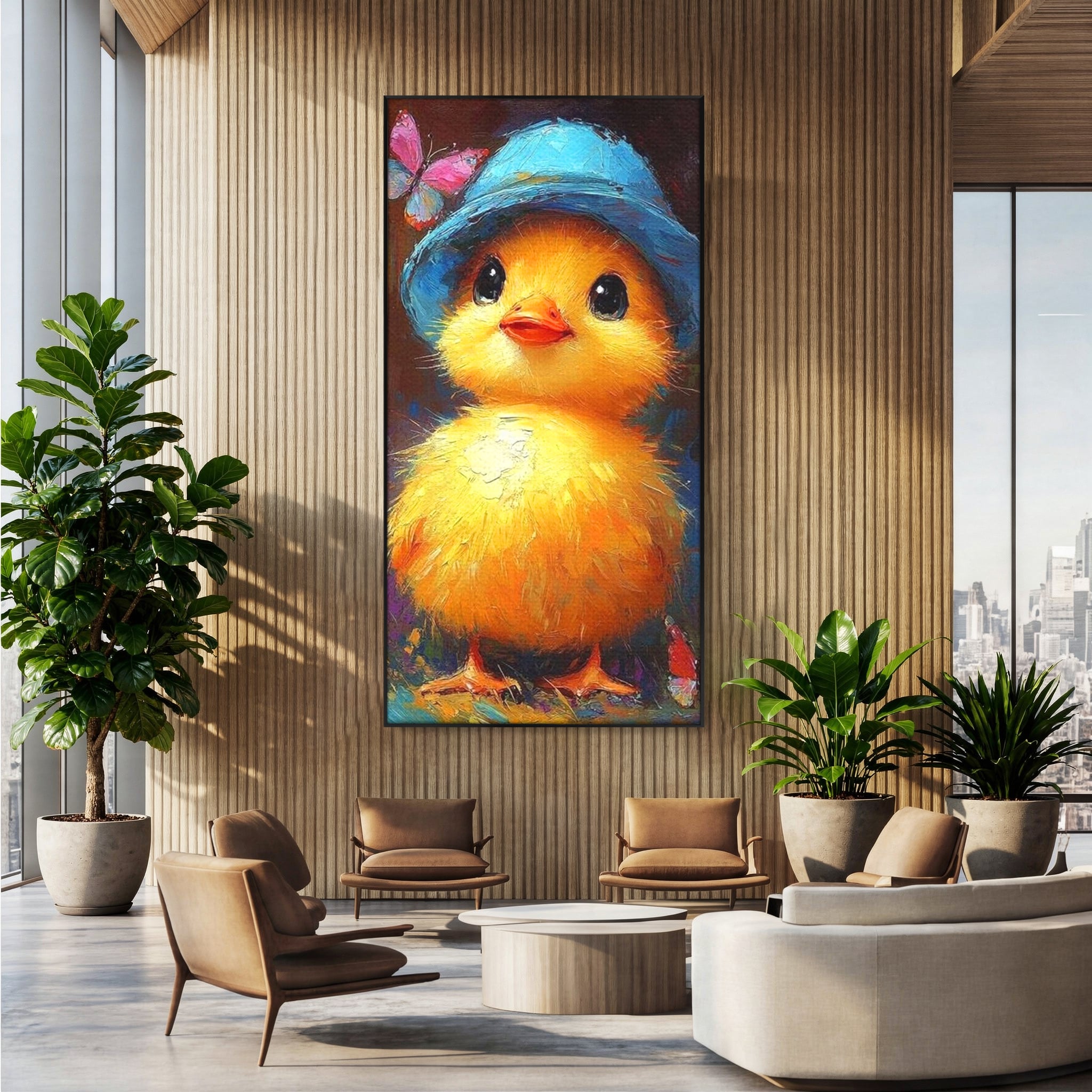 Tablou Canvas Premium, LuxCanva® K1071, Micuta Raza de Soare, Palarie, Pasare, Pui, Fluturi, Pufosenie, Adorabil, Portret, Pictura, Camera Copil, Dormitor