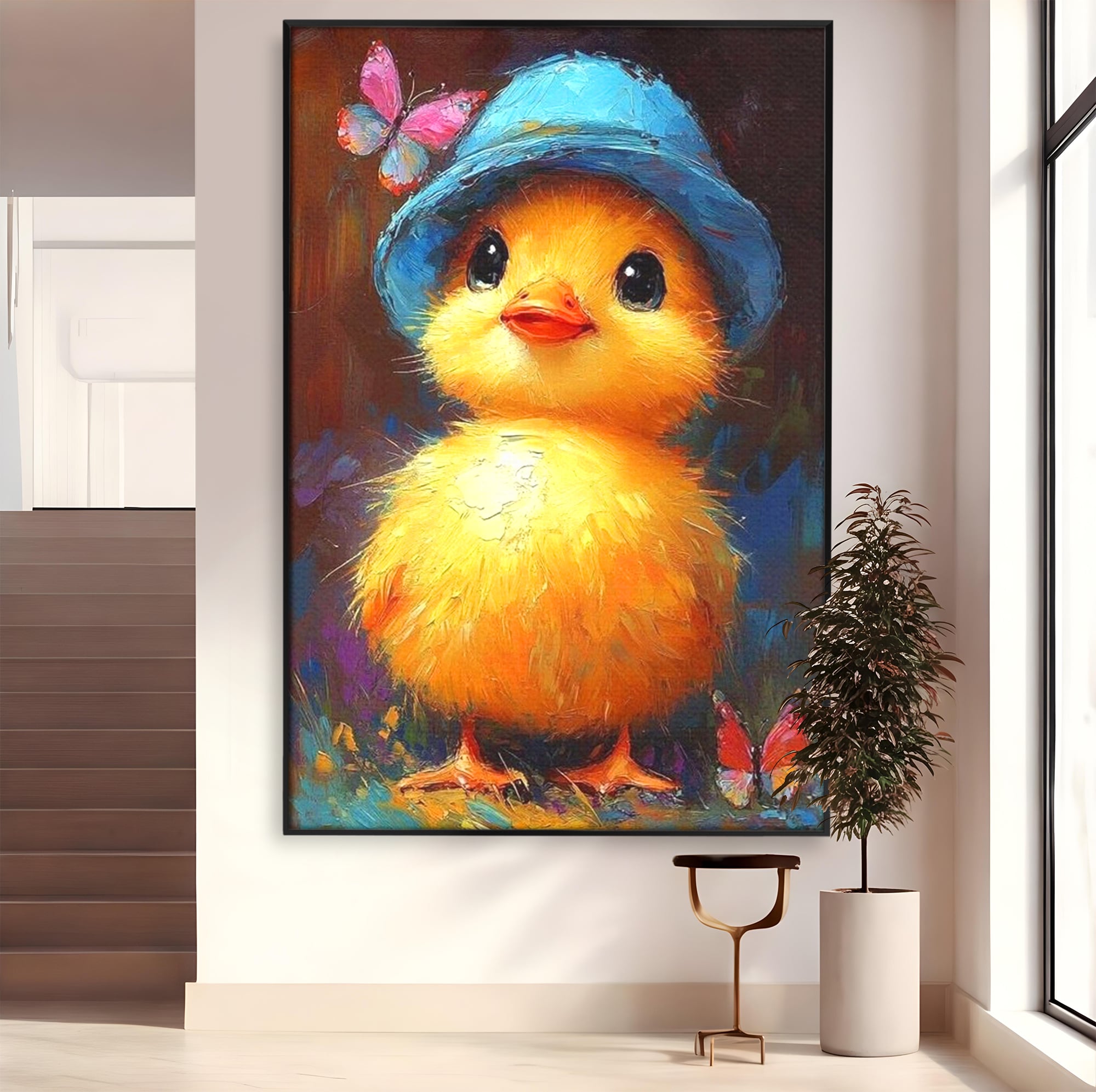 Tablou Canvas Premium, LuxCanva® K1071, Micuta Raza de Soare, Palarie, Pasare, Pui, Fluturi, Pufosenie, Adorabil, Portret, Pictura, Camera Copil, Dormitor