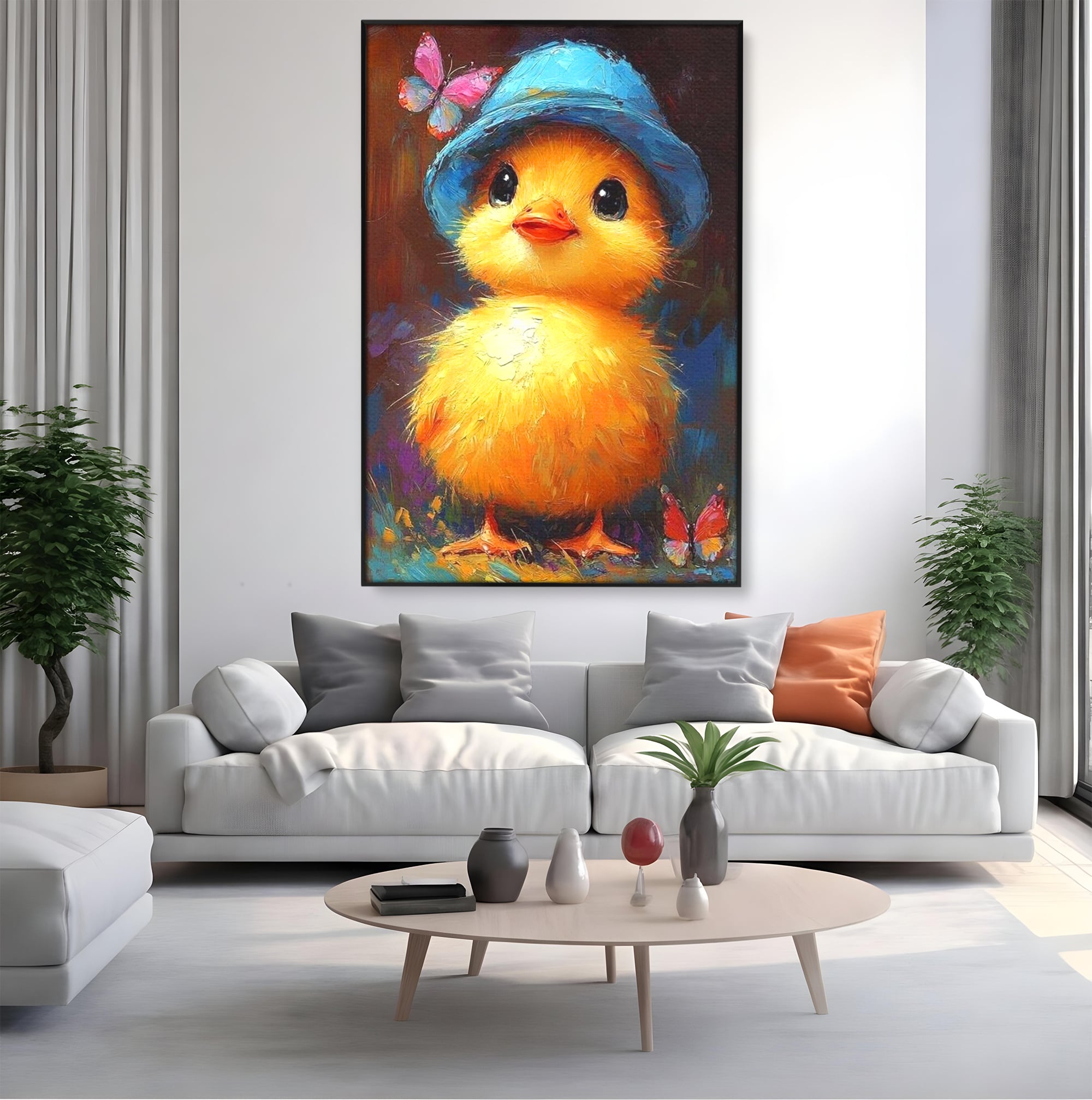 Tablou Canvas Premium, LuxCanva® K1071, Micuta Raza de Soare, Palarie, Pasare, Pui, Fluturi, Pufosenie, Adorabil, Portret, Pictura, Camera Copil, Dormitor