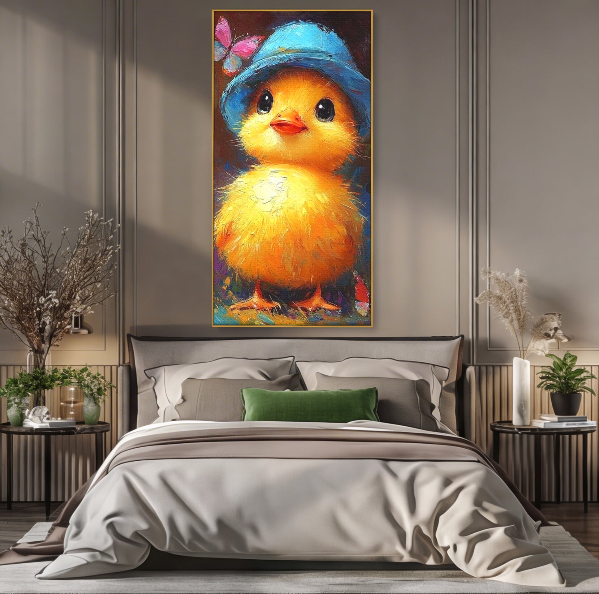 Tablou Canvas Premium, LuxCanva® K1071, Micuta Raza de Soare, Palarie, Pasare, Pui, Fluturi, Pufosenie, Adorabil, Portret, Pictura, Camera Copil, Dormitor