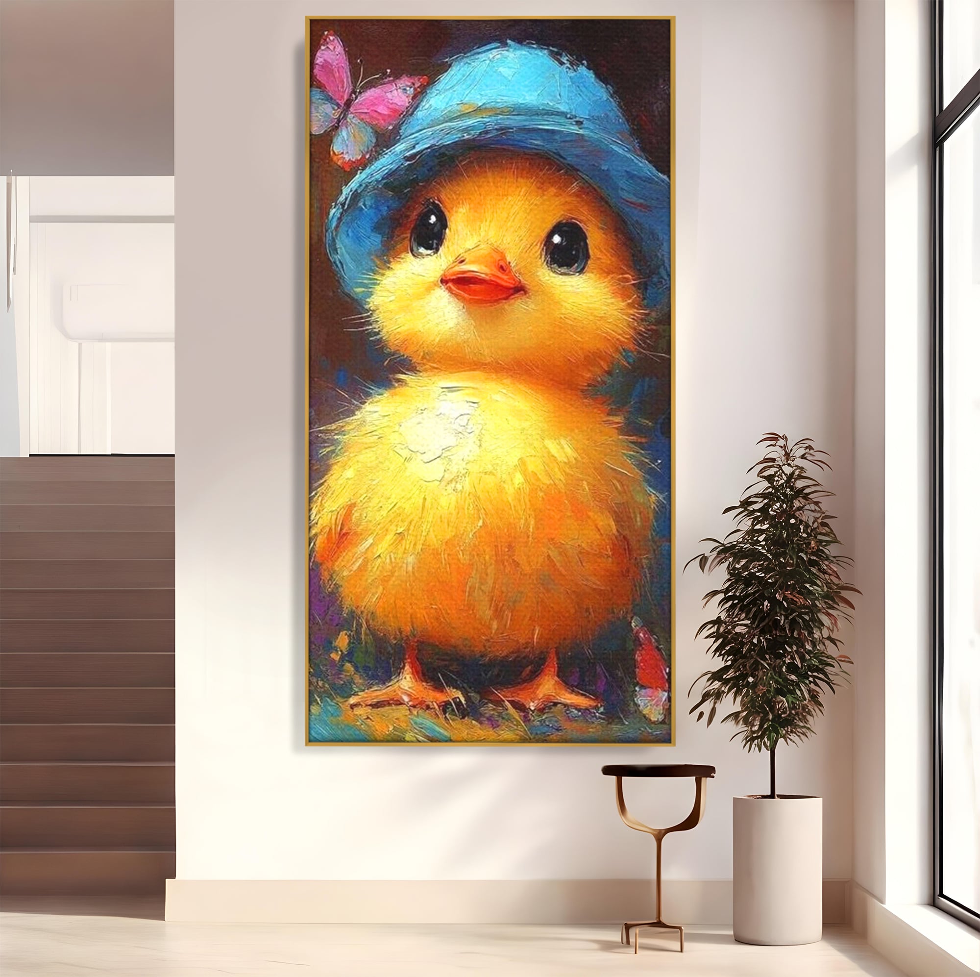 Tablou Canvas Premium, LuxCanva® K1071, Micuta Raza de Soare, Palarie, Pasare, Pui, Fluturi, Pufosenie, Adorabil, Portret, Pictura, Camera Copil, Dormitor