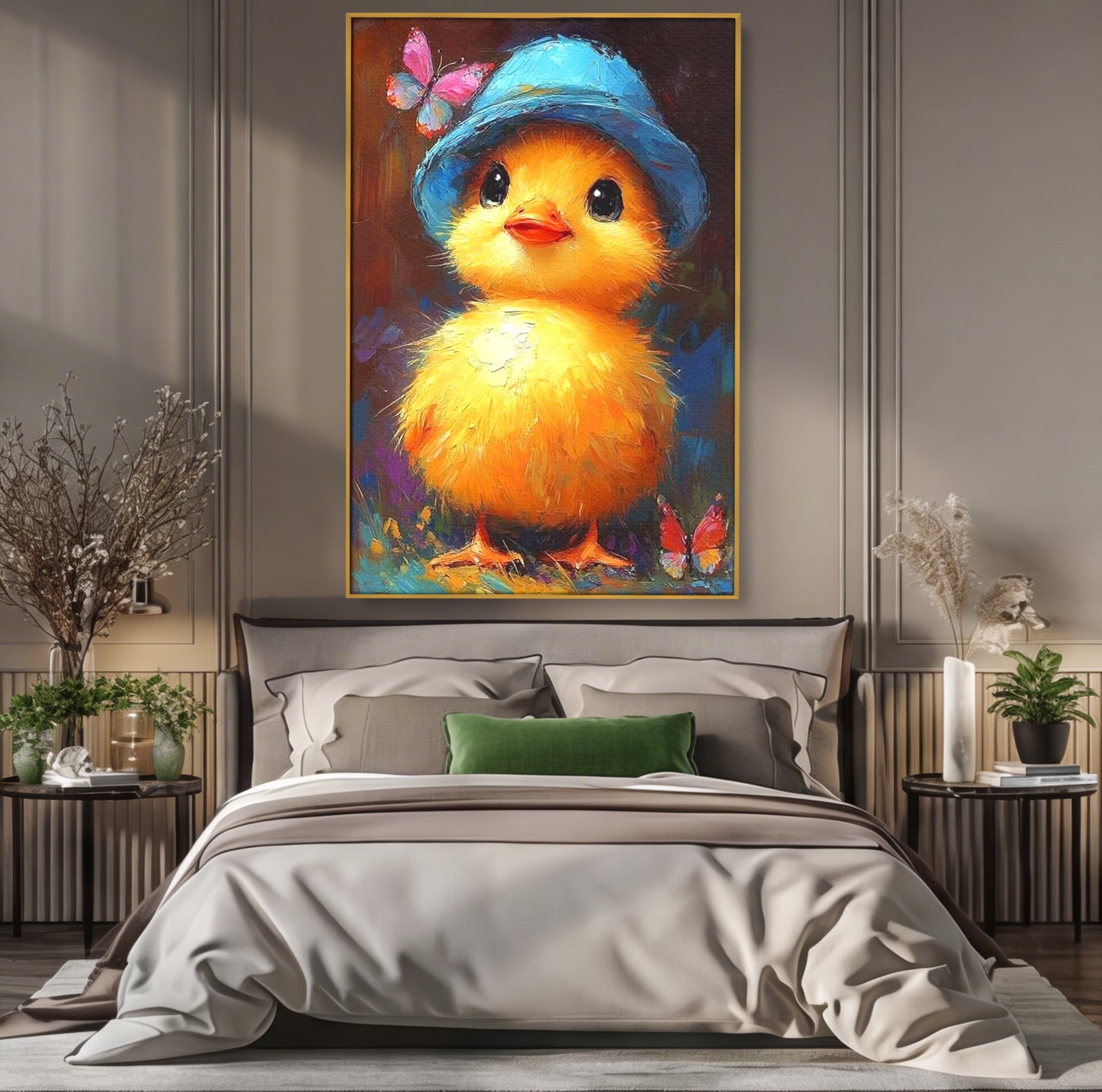 Tablou Canvas Premium, LuxCanva® K1071, Micuta Raza de Soare, Palarie, Pasare, Pui, Fluturi, Pufosenie, Adorabil, Portret, Pictura, Camera Copil, Dormitor