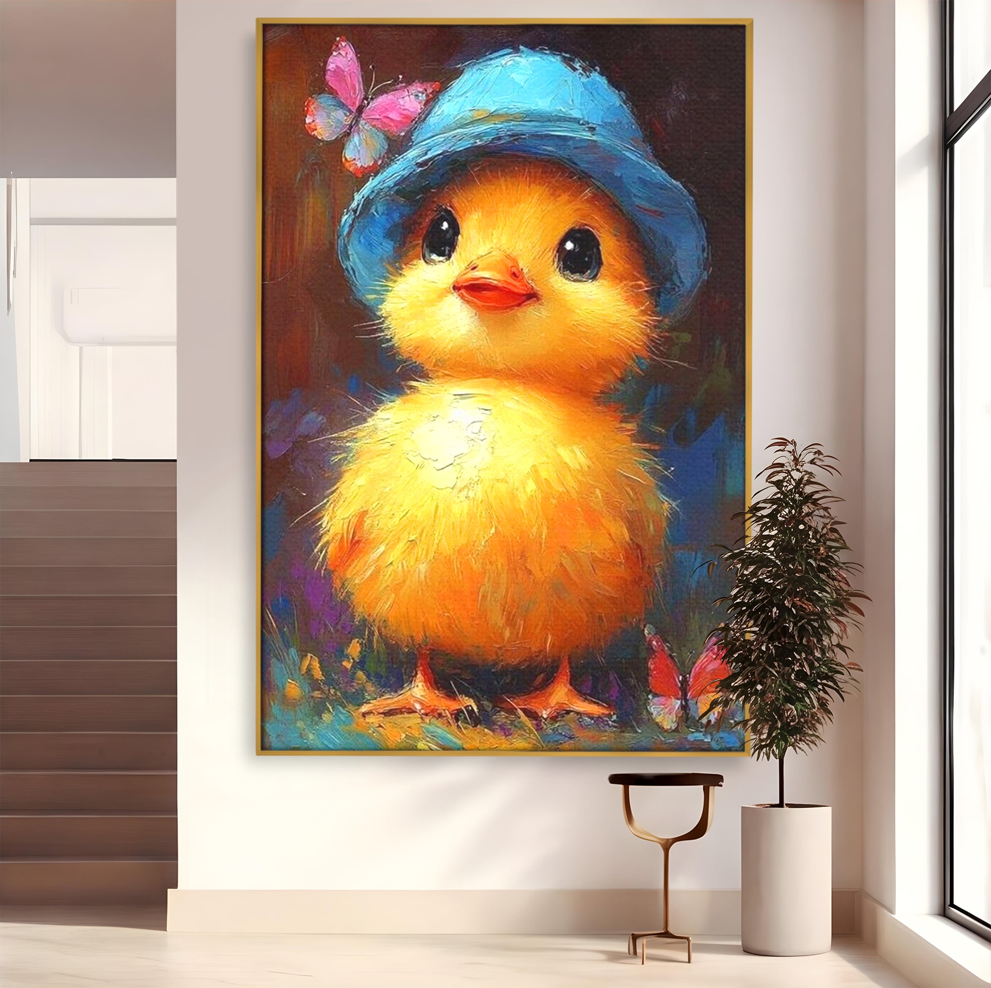 Tablou Canvas Premium, LuxCanva® K1071, Micuta Raza de Soare, Palarie, Pasare, Pui, Fluturi, Pufosenie, Adorabil, Portret, Pictura, Camera Copil, Dormitor