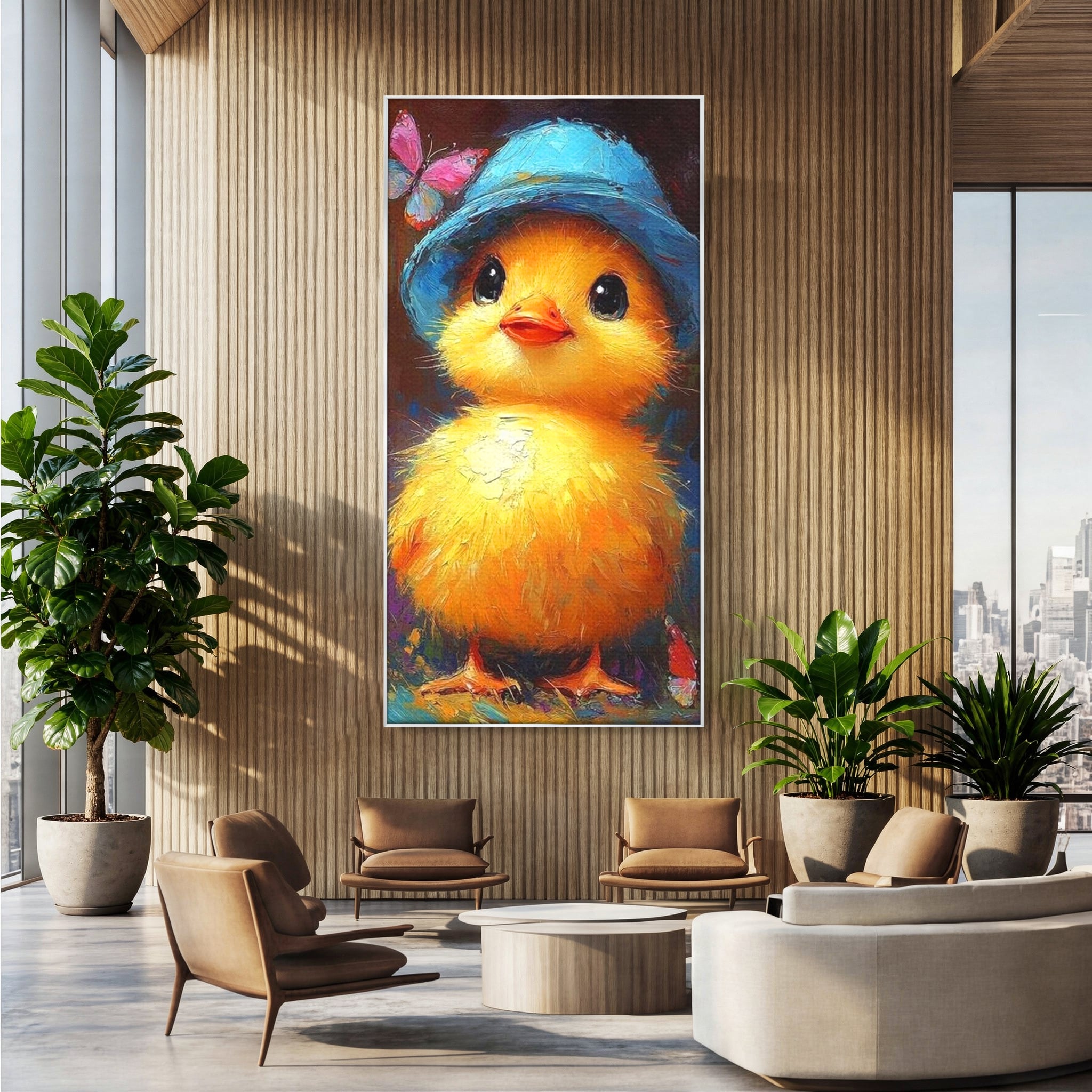 Tablou Canvas Premium, LuxCanva® K1071, Micuta Raza de Soare, Palarie, Pasare, Pui, Fluturi, Pufosenie, Adorabil, Portret, Pictura, Camera Copil, Dormitor