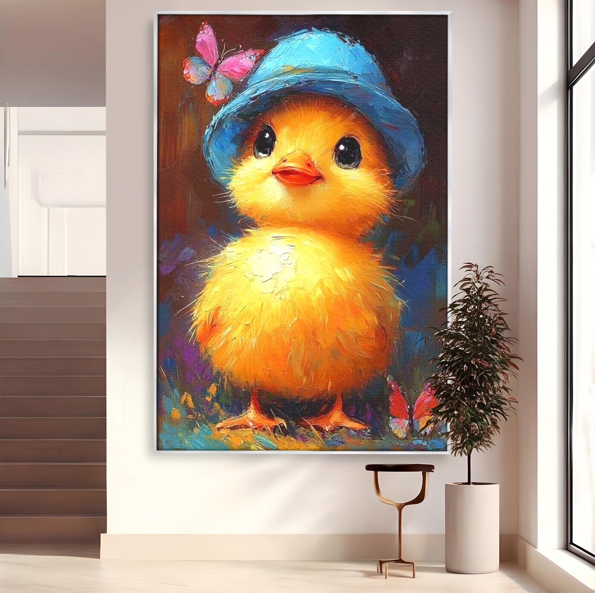 Tablou Canvas Premium, LuxCanva® K1071, Micuta Raza de Soare, Palarie, Pasare, Pui, Fluturi, Pufosenie, Adorabil, Portret, Pictura, Camera Copil, Dormitor