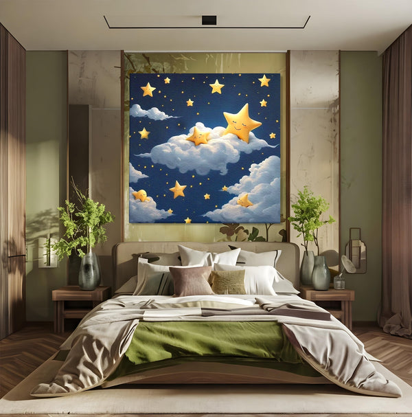 Tablou Canvas Premium, LuxCanva® K1072, Cantec de Leagan, Stelute, Noapte, Bebelusi, Somn, Vis, Liniste, Relaxare, Camera Copil, Dormitor