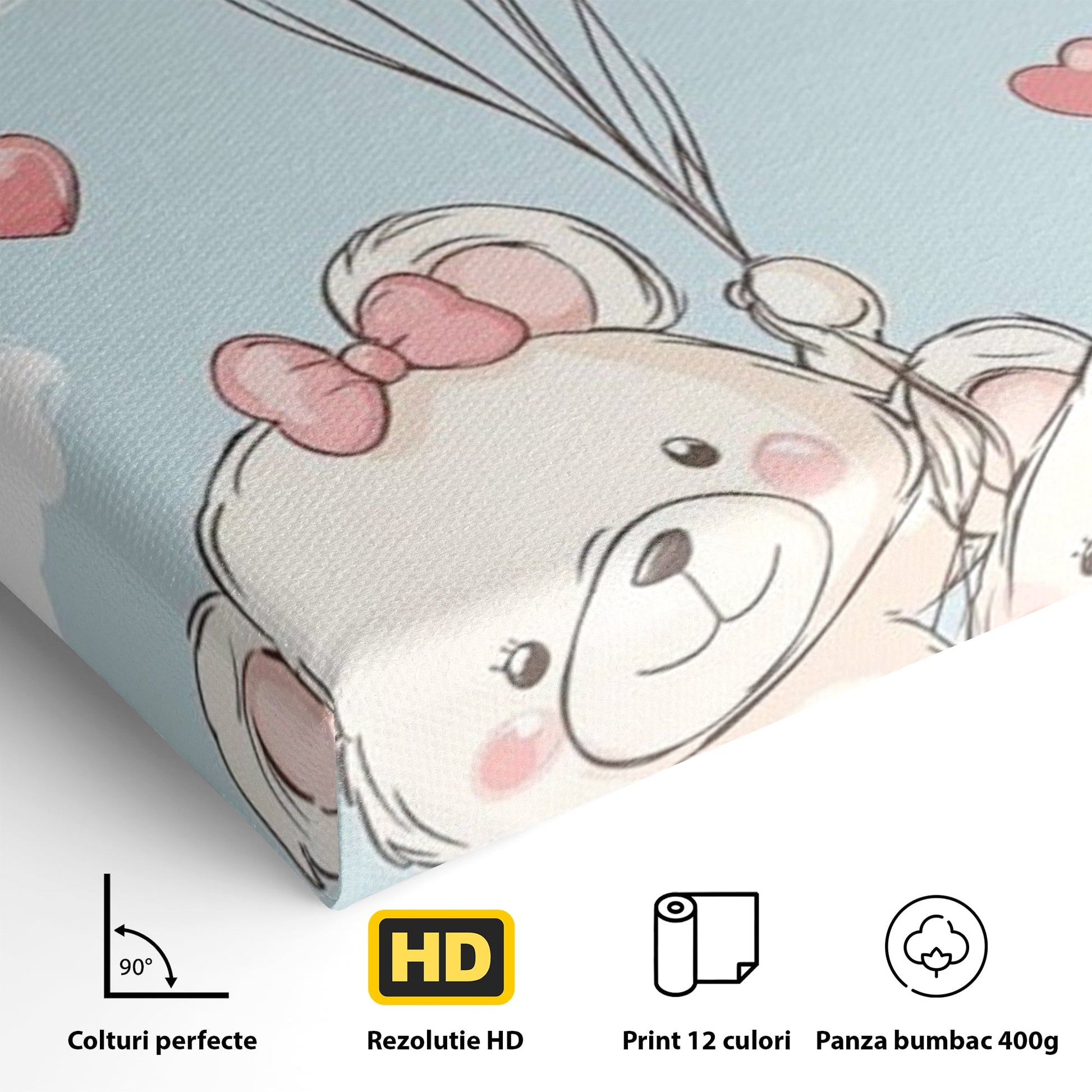 Leinwand Wandkunst Canvas Premium, LuxCanva® K1073, Kindheitstraum, Teddybären, Luftballons, Herzen, Wolken, Wolken, Flug, Pastell, Pastell, Freundschaft, Babyzimmer, Schlafzimmer