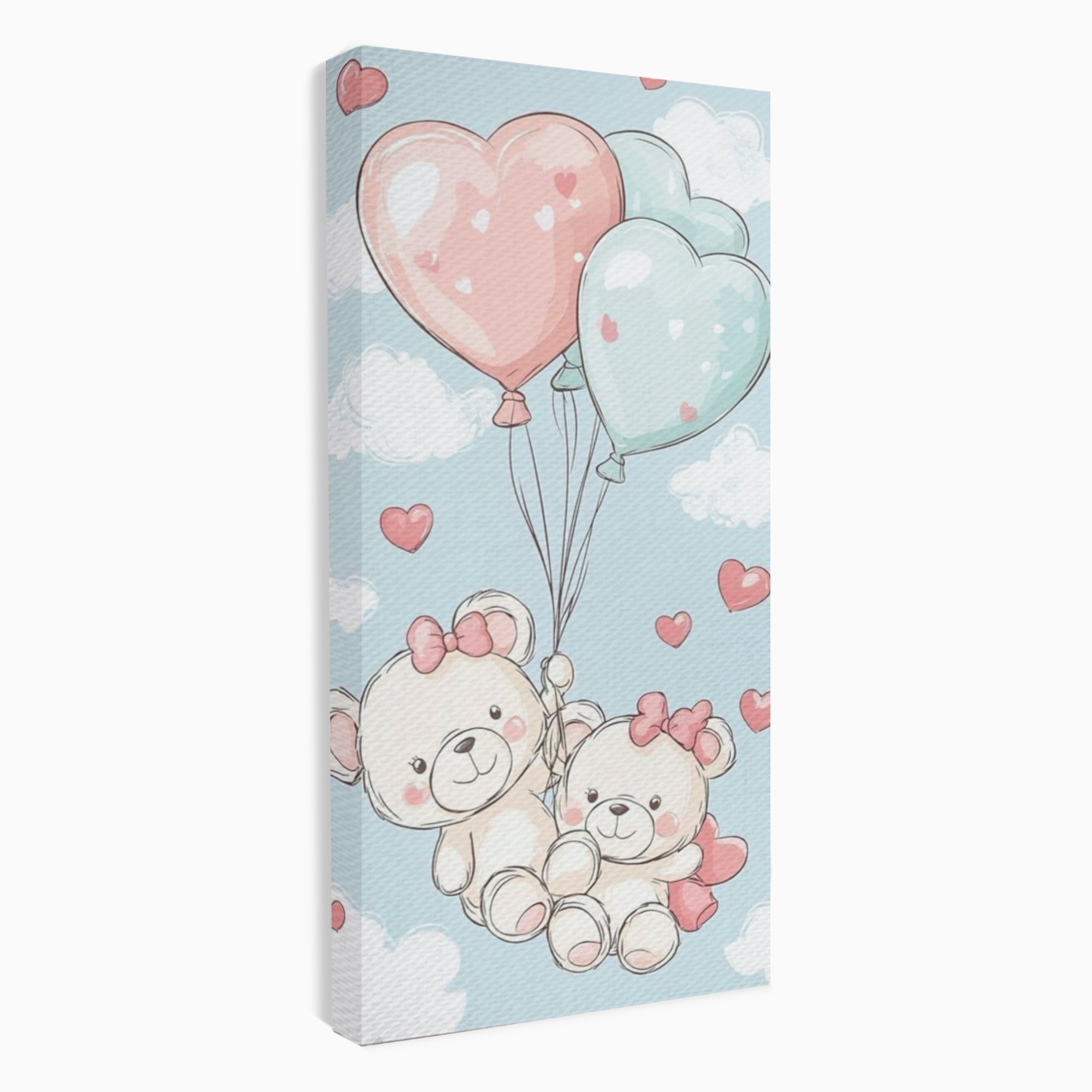 Leinwand Wandkunst Canvas Premium, LuxCanva® K1073, Kindheitstraum, Teddybären, Luftballons, Herzen, Wolken, Wolken, Flug, Pastell, Pastell, Freundschaft, Babyzimmer, Schlafzimmer