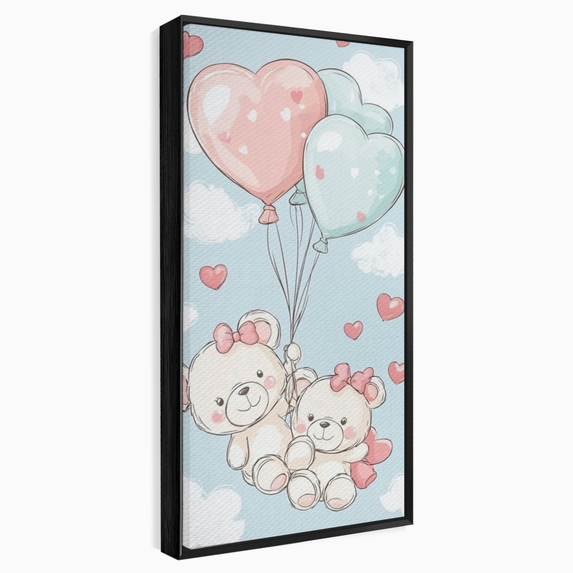 Leinwand Wandkunst Canvas Premium, LuxCanva® K1073, Kindheitstraum, Teddybären, Luftballons, Herzen, Wolken, Wolken, Flug, Pastell, Pastell, Freundschaft, Babyzimmer, Schlafzimmer