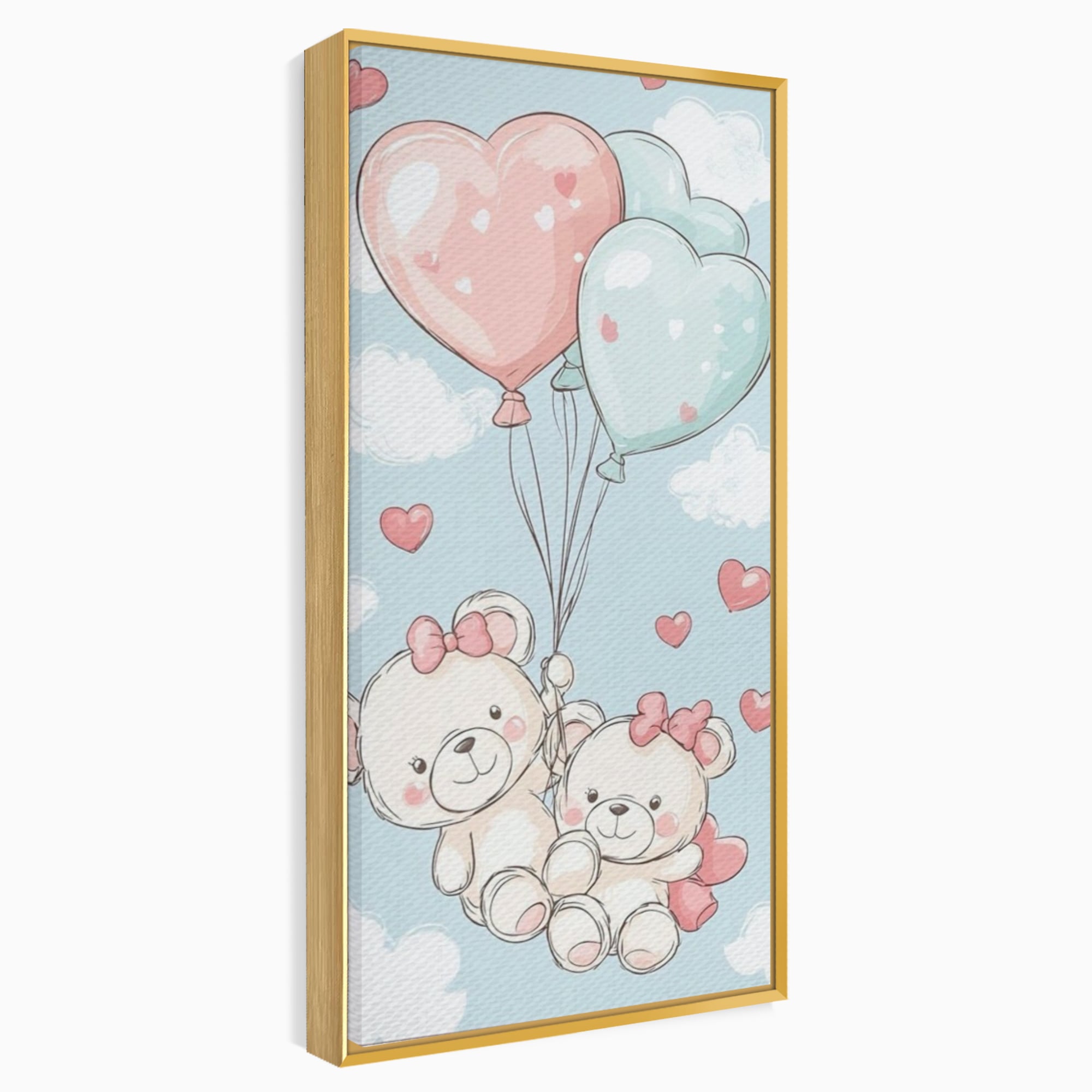 Leinwand Wandkunst Canvas Premium, LuxCanva® K1073, Kindheitstraum, Teddybären, Luftballons, Herzen, Wolken, Wolken, Flug, Pastell, Pastell, Freundschaft, Babyzimmer, Schlafzimmer