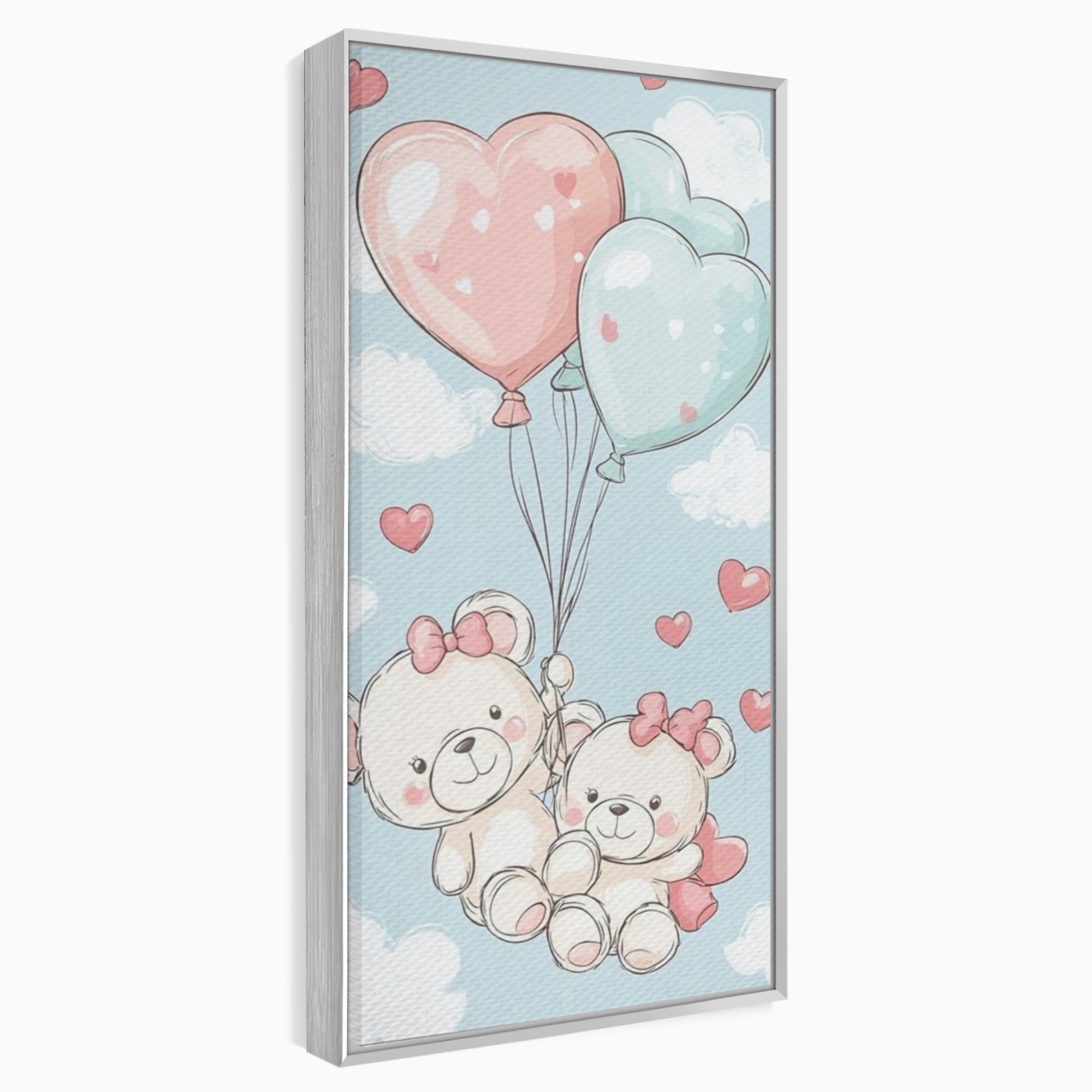 Leinwand Wandkunst Canvas Premium, LuxCanva® K1073, Kindheitstraum, Teddybären, Luftballons, Herzen, Wolken, Wolken, Flug, Pastell, Pastell, Freundschaft, Babyzimmer, Schlafzimmer