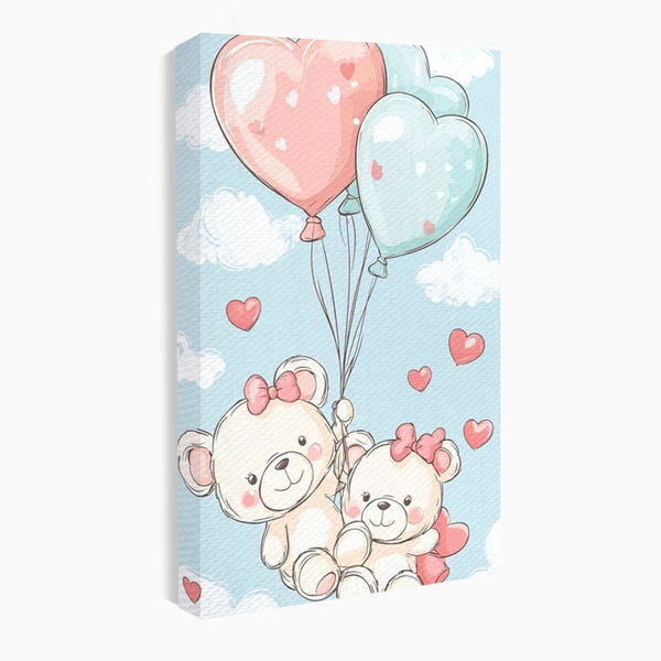 Leinwand Wandkunst Canvas Premium, LuxCanva® K1073, Kindheitstraum, Teddybären, Luftballons, Herzen, Wolken, Wolken, Flug, Pastell, Pastell, Freundschaft, Babyzimmer, Schlafzimmer