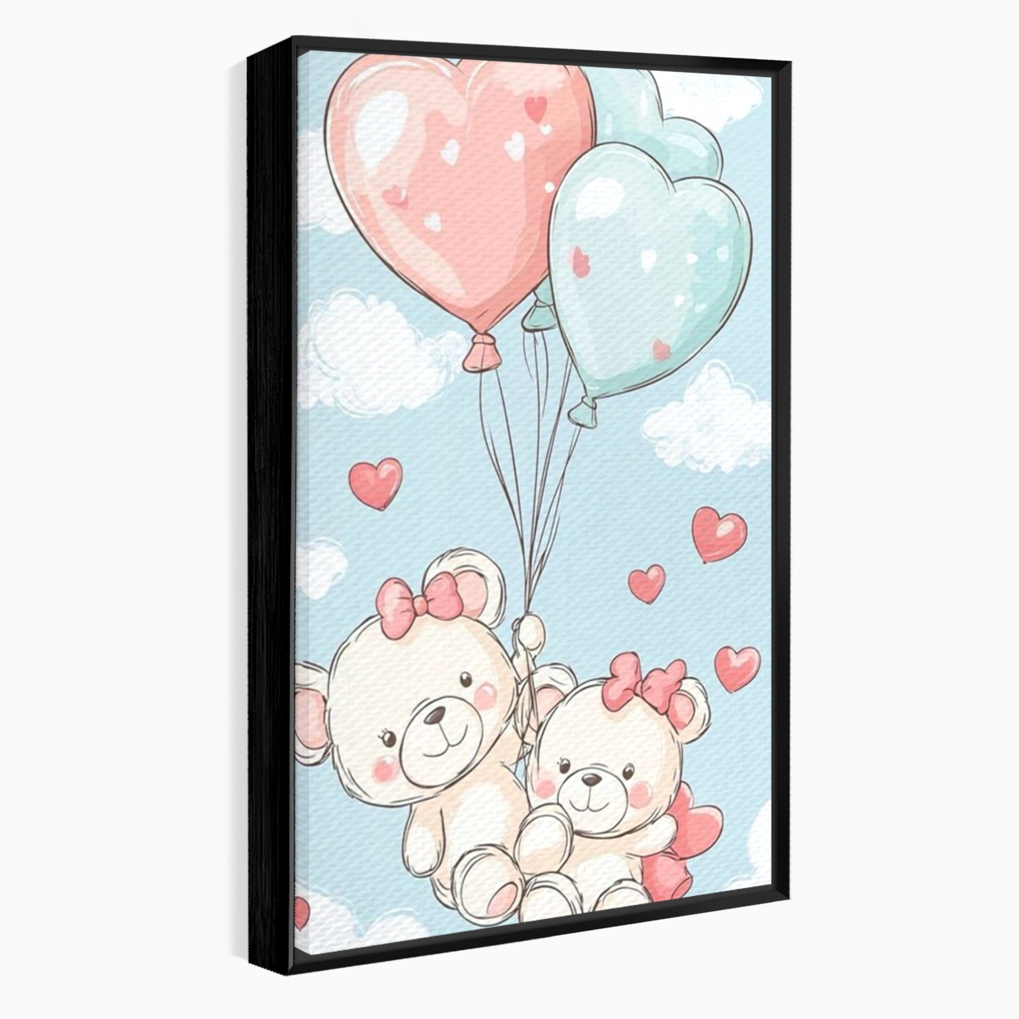 Leinwand Wandkunst Canvas Premium, LuxCanva® K1073, Kindheitstraum, Teddybären, Luftballons, Herzen, Wolken, Wolken, Flug, Pastell, Pastell, Freundschaft, Babyzimmer, Schlafzimmer