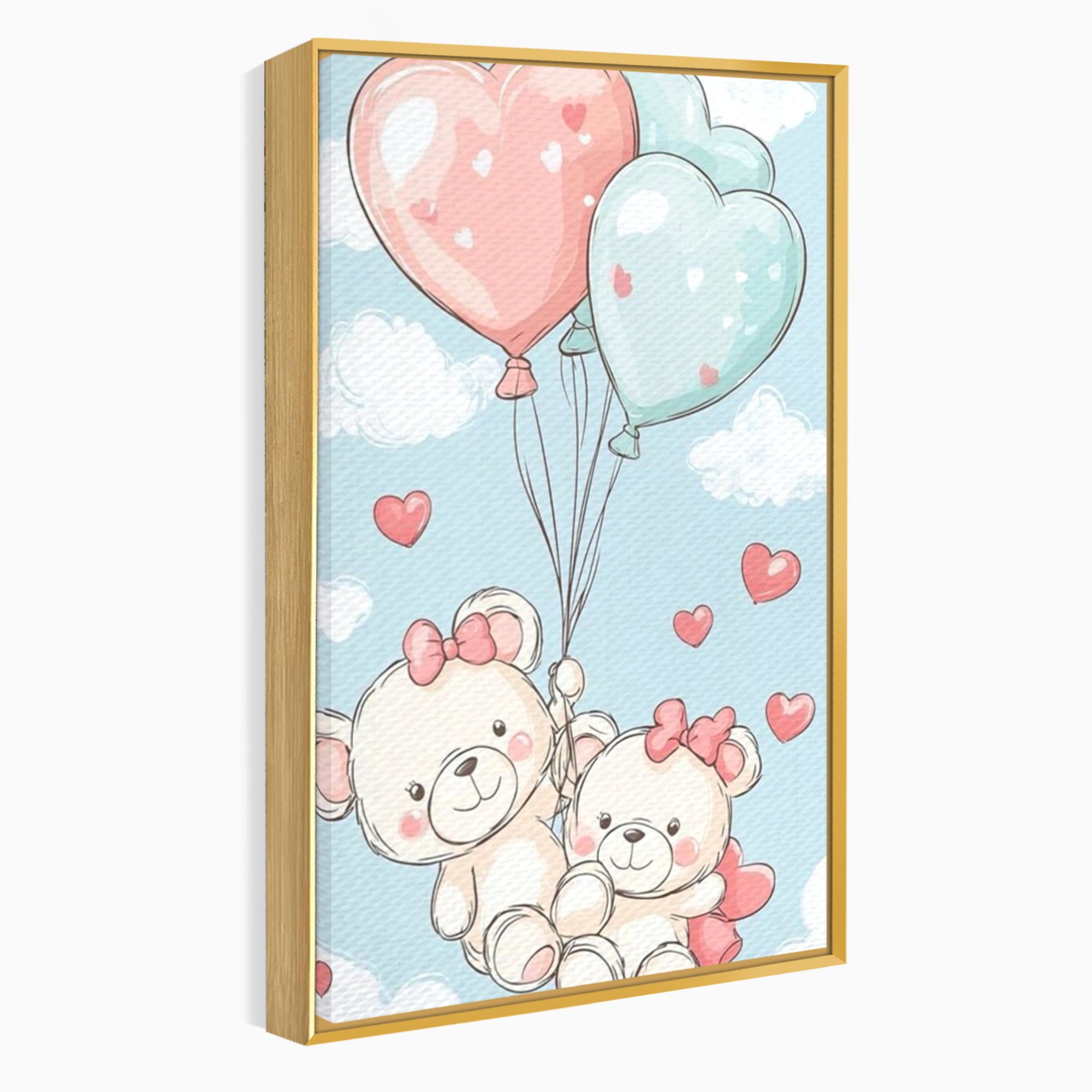 Leinwand Wandkunst Canvas Premium, LuxCanva® K1073, Kindheitstraum, Teddybären, Luftballons, Herzen, Wolken, Wolken, Flug, Pastell, Pastell, Freundschaft, Babyzimmer, Schlafzimmer