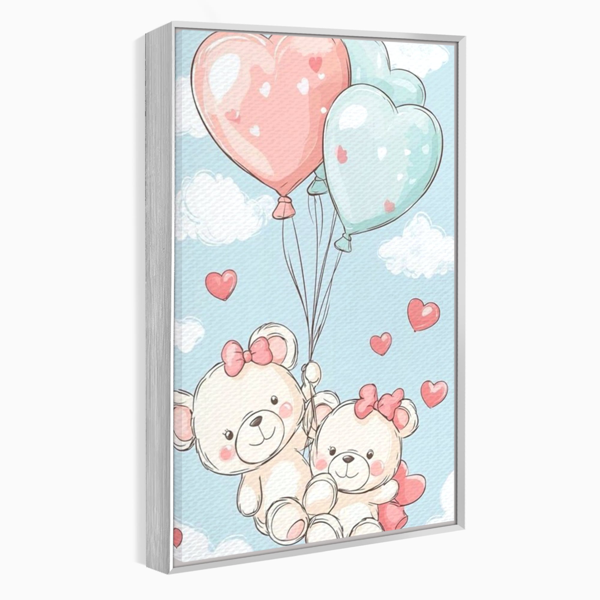Leinwand Wandkunst Canvas Premium, LuxCanva® K1073, Kindheitstraum, Teddybären, Luftballons, Herzen, Wolken, Wolken, Flug, Pastell, Pastell, Freundschaft, Babyzimmer, Schlafzimmer