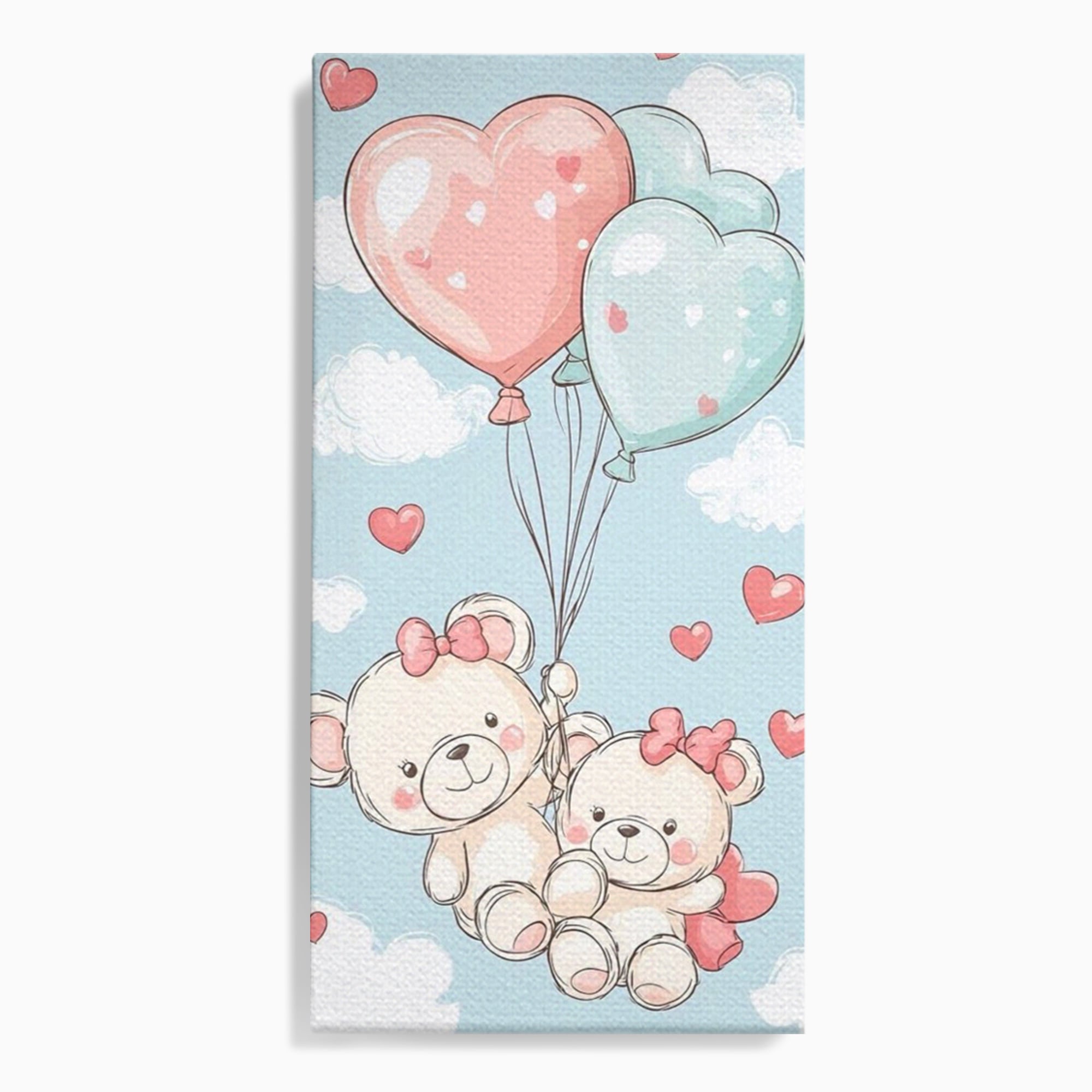 Leinwand Wandkunst Canvas Premium, LuxCanva® K1073, Kindheitstraum, Teddybären, Luftballons, Herzen, Wolken, Wolken, Flug, Pastell, Pastell, Freundschaft, Babyzimmer, Schlafzimmer