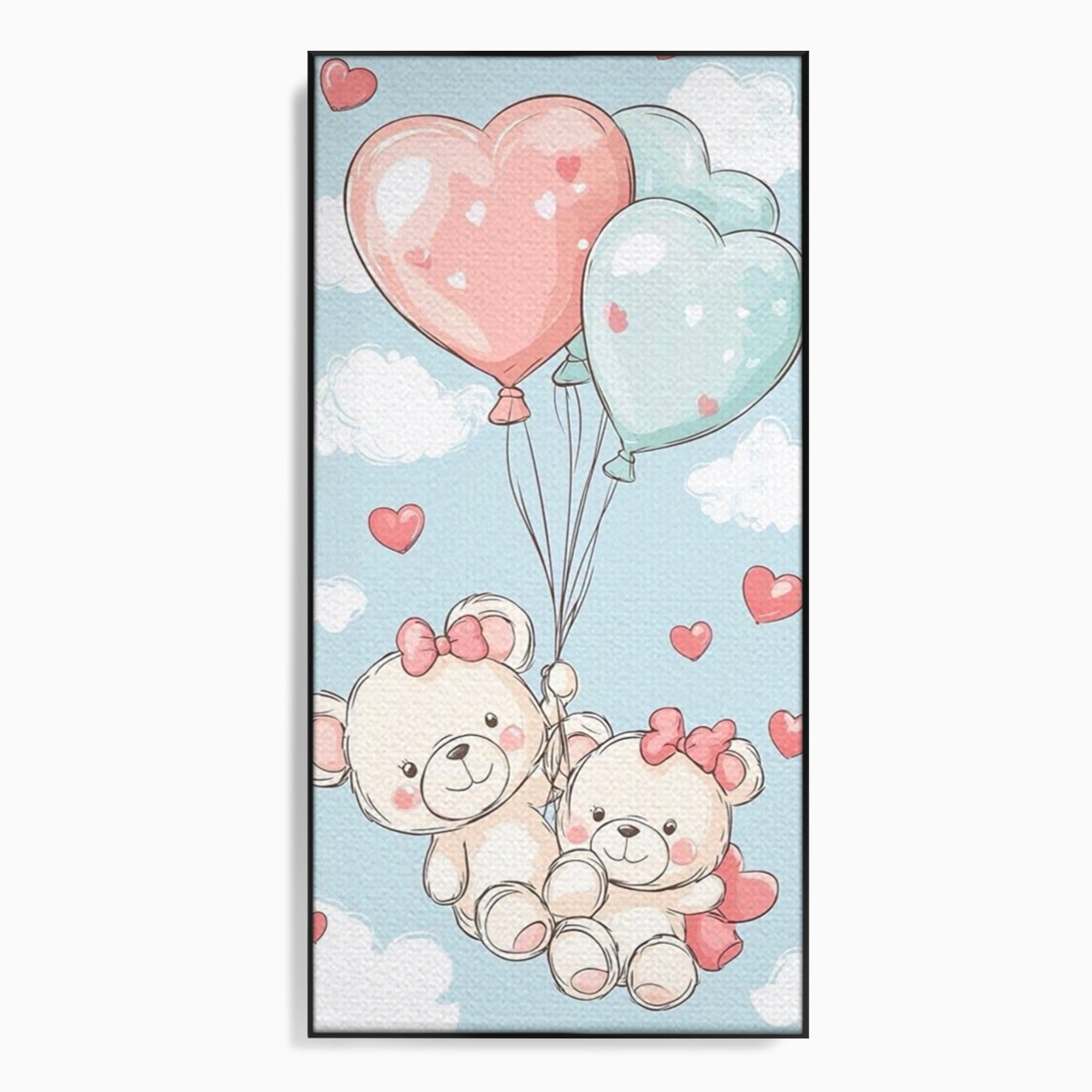 Leinwand Wandkunst Canvas Premium, LuxCanva® K1073, Kindheitstraum, Teddybären, Luftballons, Herzen, Wolken, Wolken, Flug, Pastell, Pastell, Freundschaft, Babyzimmer, Schlafzimmer