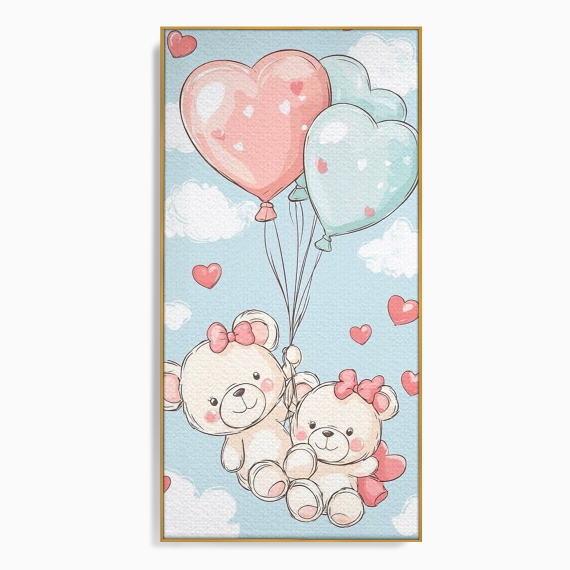 Leinwand Wandkunst Canvas Premium, LuxCanva® K1073, Kindheitstraum, Teddybären, Luftballons, Herzen, Wolken, Wolken, Flug, Pastell, Pastell, Freundschaft, Babyzimmer, Schlafzimmer