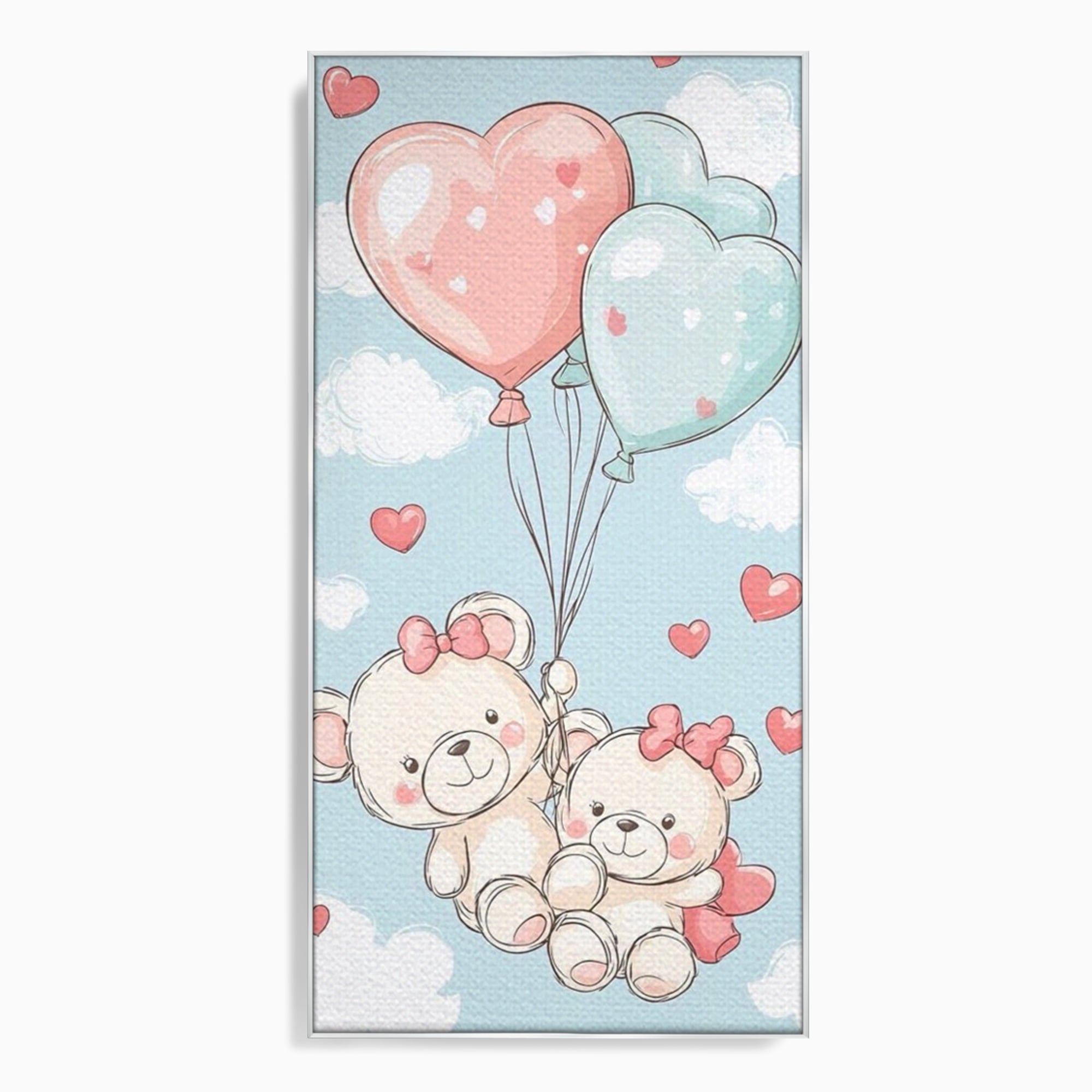 Leinwand Wandkunst Canvas Premium, LuxCanva® K1073, Kindheitstraum, Teddybären, Luftballons, Herzen, Wolken, Wolken, Flug, Pastell, Pastell, Freundschaft, Babyzimmer, Schlafzimmer